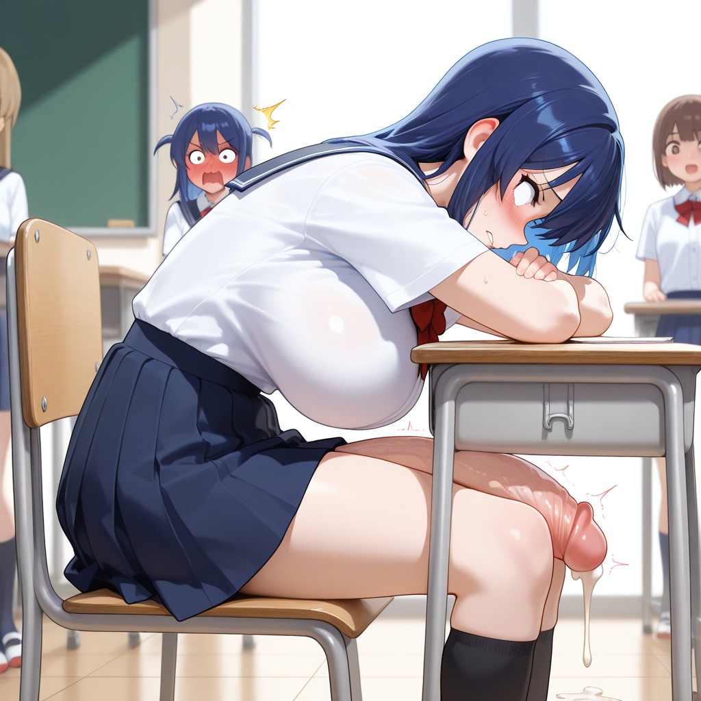 ai_generated big_balls big_breasts blue_hair blush classroom cum dripping_cum embarrassed erect_penis erection futanari huge_cock school_uniform schoolgirl sideboob sitting skirt thick_thighs zynai