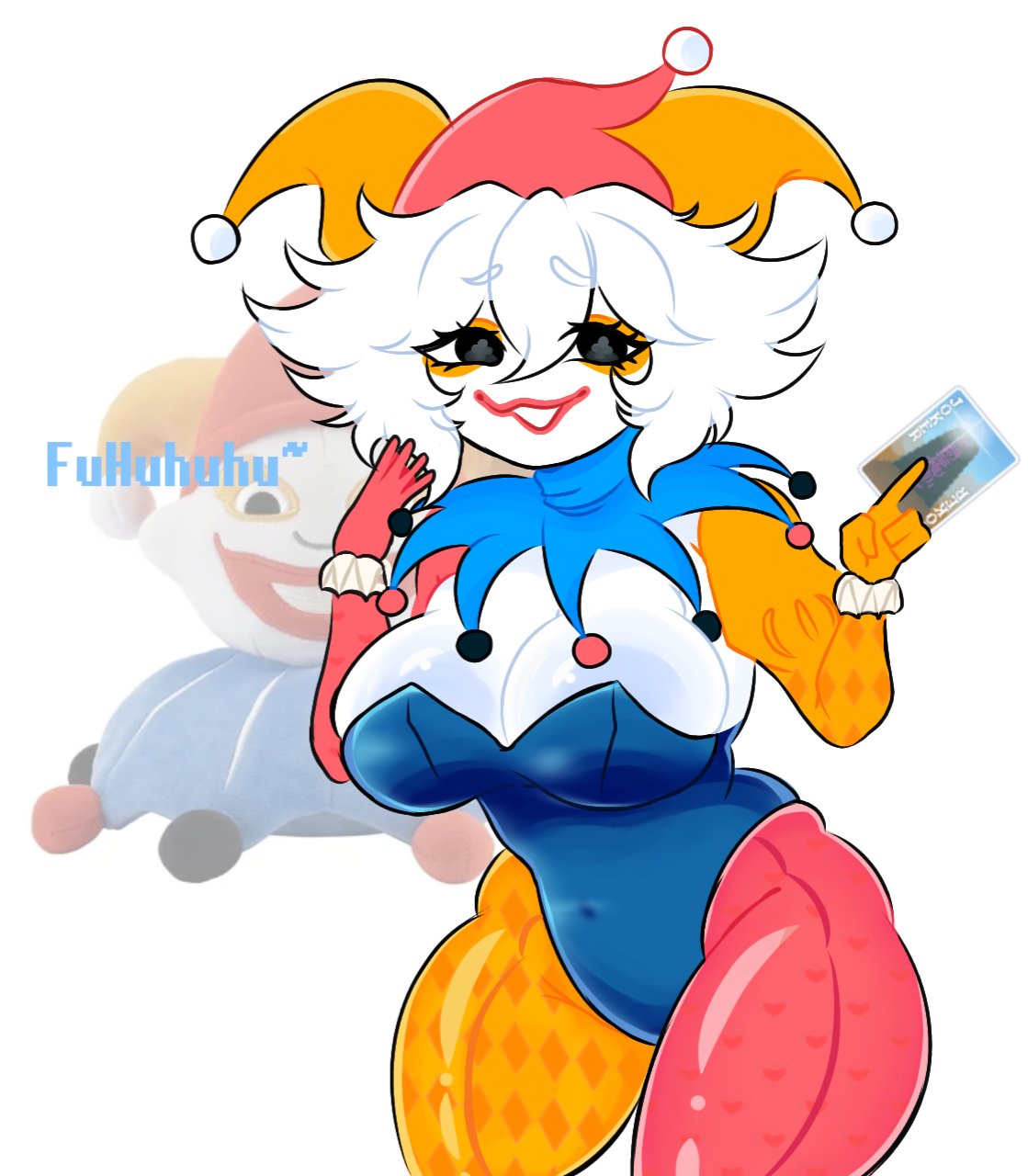 balatro breasts clown clown_makeup jester jimbo_(balatro) lipstick rule_63 thick_thighs white_hair