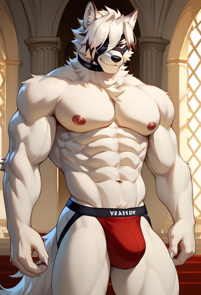 abs ai_generated anthro anthro_male biceps blush eyepatch furry gay jockstrap jockstrap_only looking_at_viewer male male_only muscular muscular_male nude_male one_eye_covered red_eyes smile toned_body toned_male twall97 von_lycaon white_fur wolf zenless_zone_zero