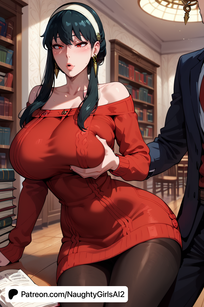 ai_generated bare_shoulders big_breasts black_hair blush book book_stack bookshelf breast_grab breasts deep_skin female grabbing hairband holding_book huge_breasts jewelry library long_hair mature mature_female milf naughtygirlsai off-shoulder_sweater off_shoulder office open_book pantyhose red_eyes sidelocks sitting spy_x_family sweater thighs yor_briar yor_forger