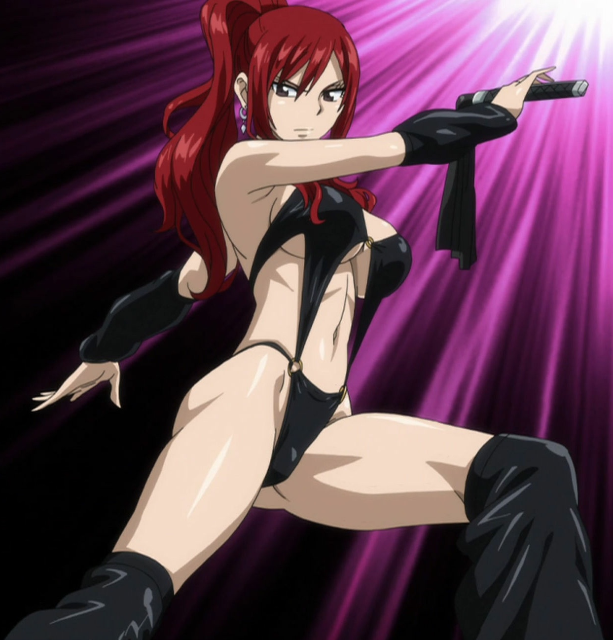 1girls, boots, brown eyes, erza scarlet, fairy tail, female, latex, leather, legs, red hair, red-haired female, screencap, tagme, whip