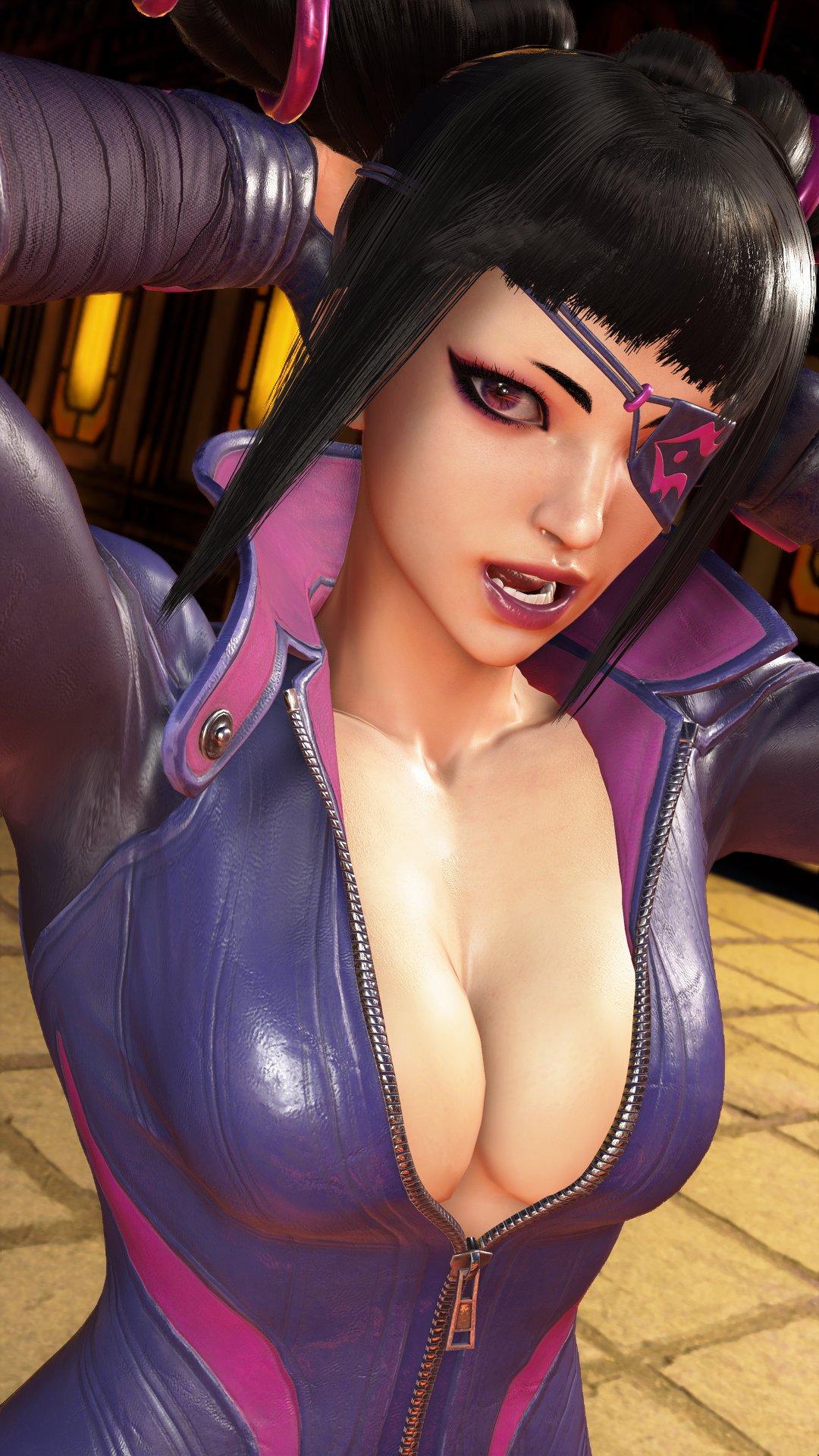 1girls 3d arms_up asian asian_female big_breasts black_hair bodysuit breasts capcom clavicle cleavage clothed clothing collarbone eyepatch female half-length_portrait hands_behind_head juri_han korean large_breasts light-skinned_female light_skin looking_at_viewer mod no_bra one_eye_covered one_eye_obstructed open_mouth portrait purple_eyes sf_screenshot solo solo_female solo_focus standing street_fighter street_fighter_6 tied_hair upper_body zipper zipper_down