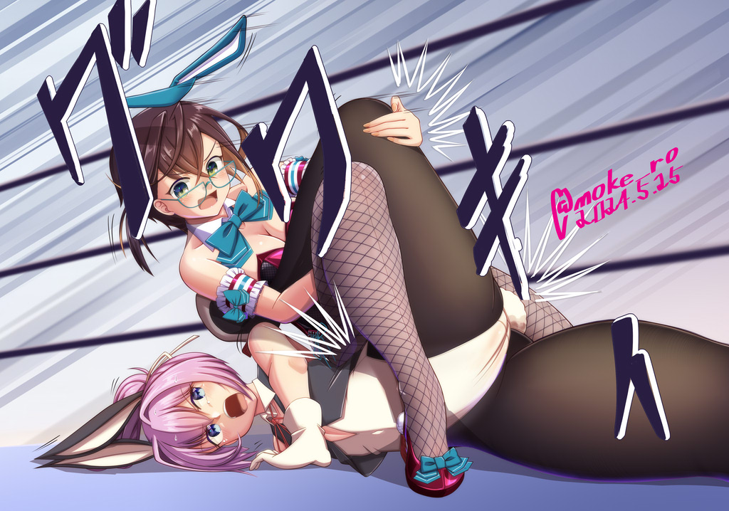 2girls adapted_costume animal_ears black_hair black_pantyhose black_vest blue_eyes bow bowtie breasts brown_hair bunnysuit catfight cleavage colored_inner_hair detached_collar fake_animal_ears female female_only fishnet_pantyhose fishnets glasses gloves grey_pantyhose hair_intakes kantai_collection leotard medium_breasts moke_ro multicolored_hair multiple_girls okinami_(kantai_collection) pantyhose pink_hair playboy_bunny ponytail purple_eyes rabbit_ears rabbit_tail shiranui_(kantai_collection) short_hair strapless strapless_leotard submission_hold tail vest white_gloves wrestling wrestling_ring