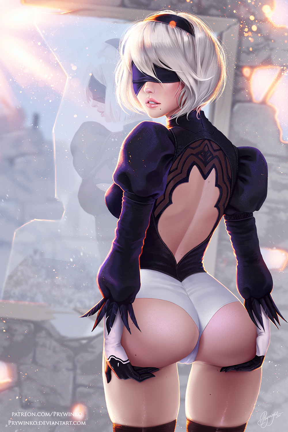 2d, 2d (artwork), ass, ass focus, ass grab, ass lift, backless outfit, blindfold, curvy figure, female, gloves, leotard, looking back, nier (series), nier: automata, prywinko, white hair, yorha 2b