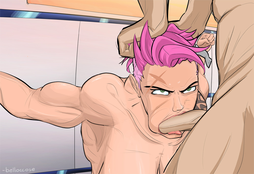 2d angry armpits arms_behind_back belloccose biceps blizzard_entertainment breasts cheek_bulge faceless_male fellatio forced_fellatio green_eyes hair_grab head_grab irrumatio large_penis muscular_female oral overwatch pecs penis perky_breasts pink_hair rape restrained scar shaved_side short_hair solo_focus sweat tattoos tongue tongue_out veiny_penis zarya