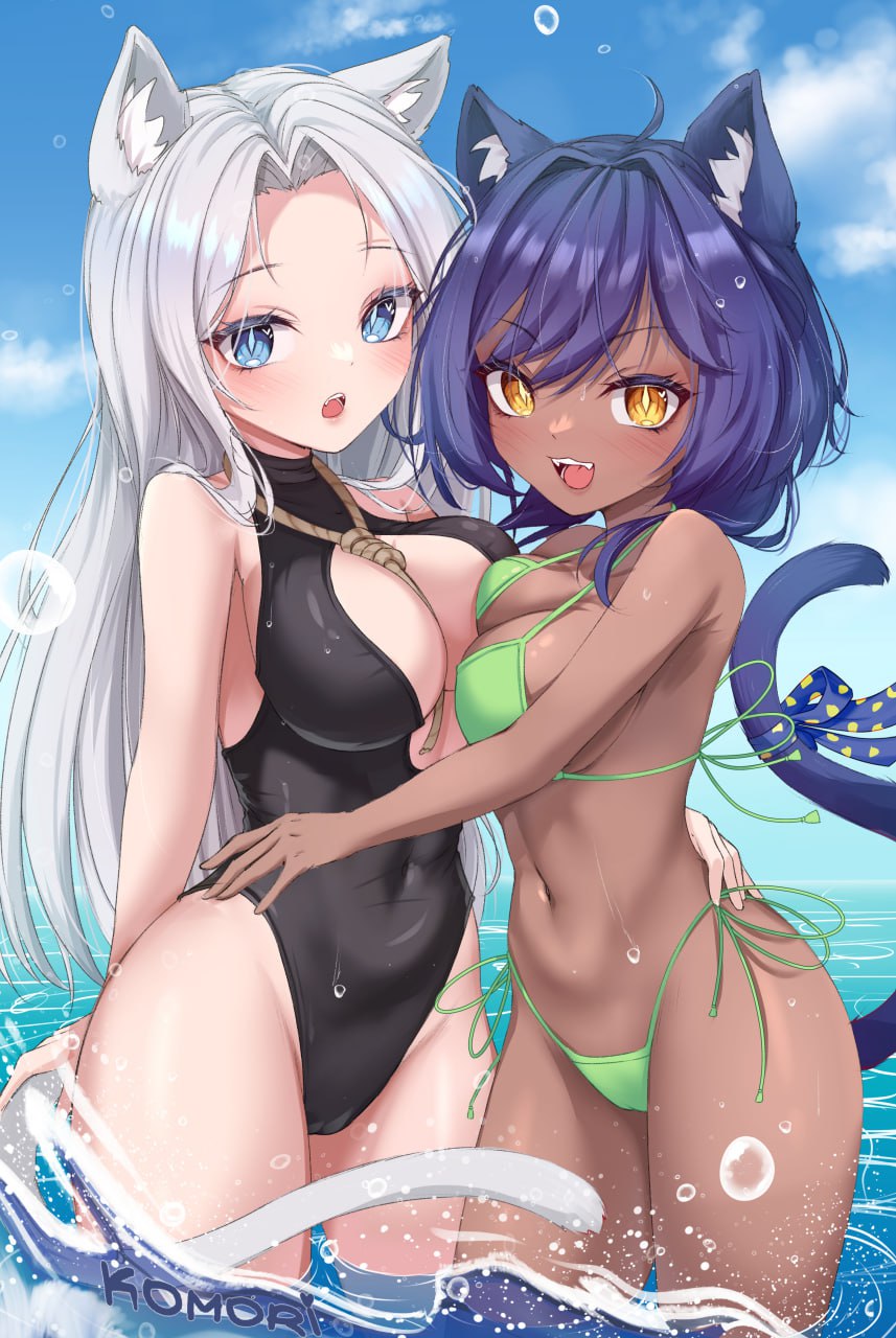 big_breasts blue_eyes cat_ears cat_tail catgirl cleavage color colored dark_skin didbox light-skinned_female light_skin long_hair noose ocean small_breasts solek_x solga swimsuit tagme unknown_artist water yellow_eyes youtuber