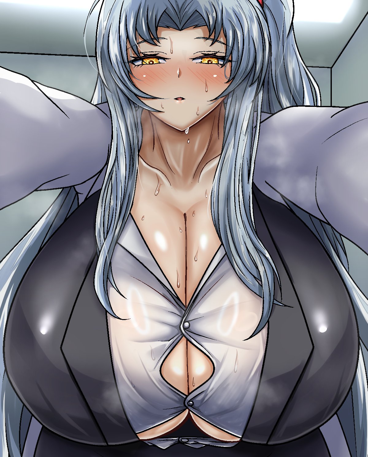 1girls angela_(lobotomy_corporation) big_breasts big_cleavage blue_hair blush huge_breasts huge_cleavage lobotomy_corporation looking_at_viewer lv_lunatic massive_breasts project_moon ready_to_pop solo solo_female solo_focus sweat sweatdrop sweaty_breasts tagme wet_clothes yellow_eyes