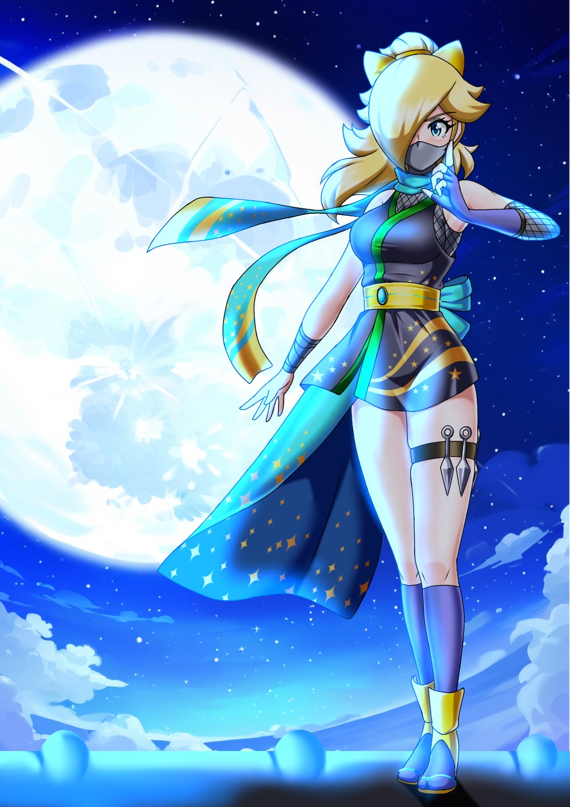 1girls alluring blonde_hair blue_eyes fishnets full_moon hair_over_one_eye high_res irohazakayouth kneehighs kuji-in kunai mario_(series) mask moon moonlight mouth_mask ninja_mask nintendo princess_rosalina rosalina sandals sash scarf socks weapon zouri