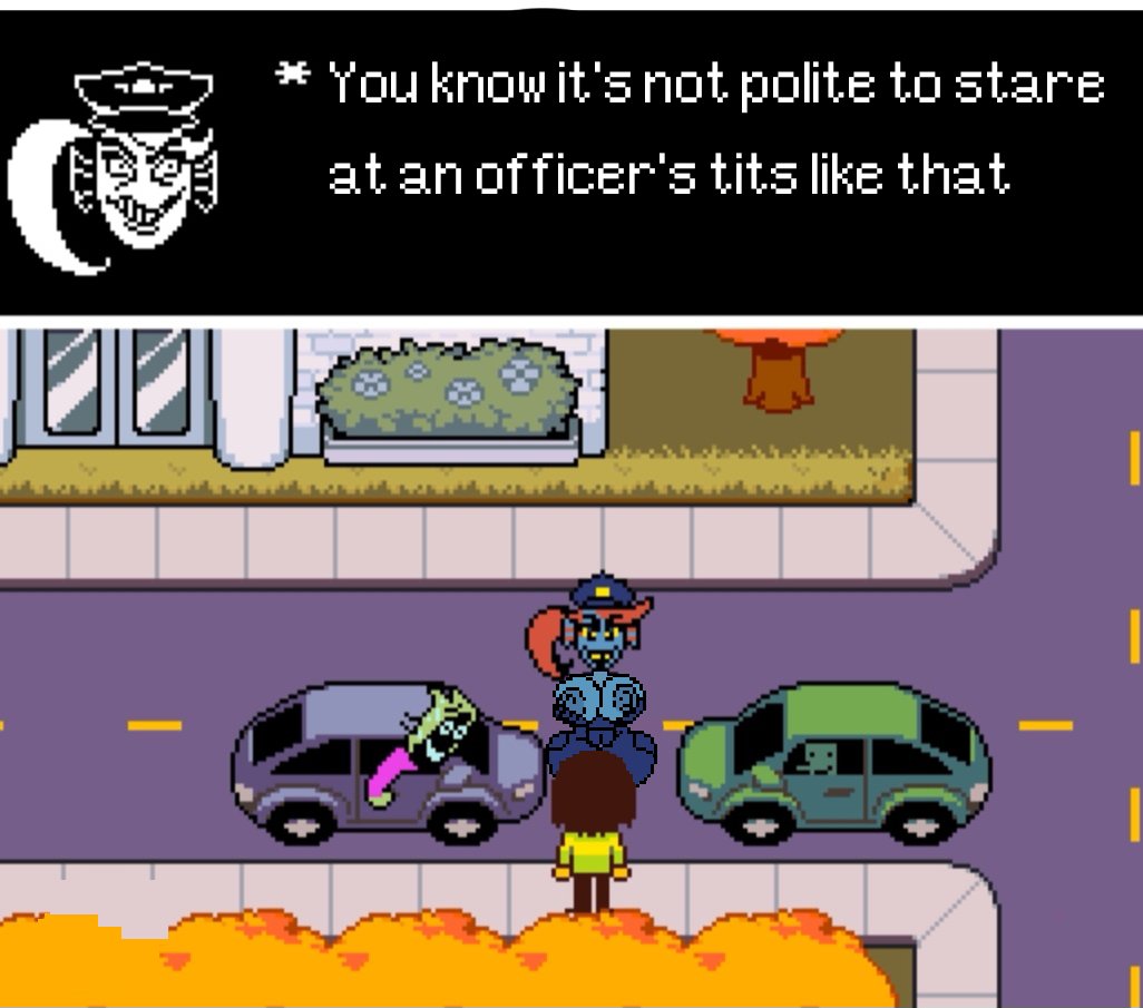 big_ass deltarune editorl huge_ass kris_(deltarune) pixel_art policewoman tits_out undyne