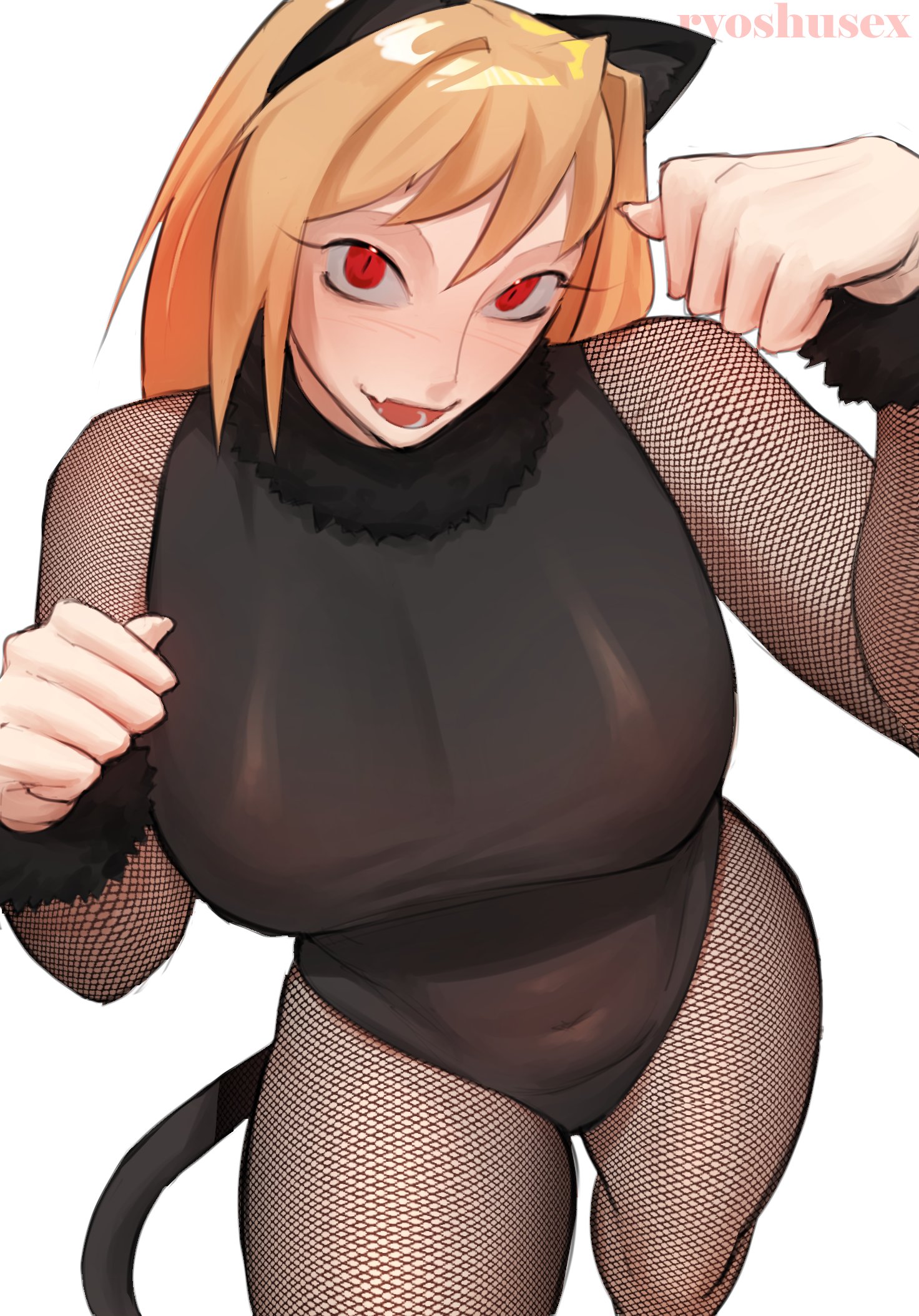1girls, alternate costume, alternative costume, animal ear fluff, animal ears, arcueid brunestud, arcueid brunestud (monster cat), black thighhighs, blonde hair, breasts, cat ears, cat tail, catgirl, color, commentary request, costume, covered navel, cuffs, fake animal ears, fake tail, female, fishnet pantyhose, fishnets, highleg, highleg leotard, hips, huge breasts, kagetsu tohya, leotard, looking at viewer, melty blood, open mouth, pantyhose, paw pose, red eyes, ryoshusex, short hair, simple background, smile, solo, tail, teeth, tsukihime, tsukihime (remake), type-moon, upper teeth, vampire, vampire girl, white background, wink