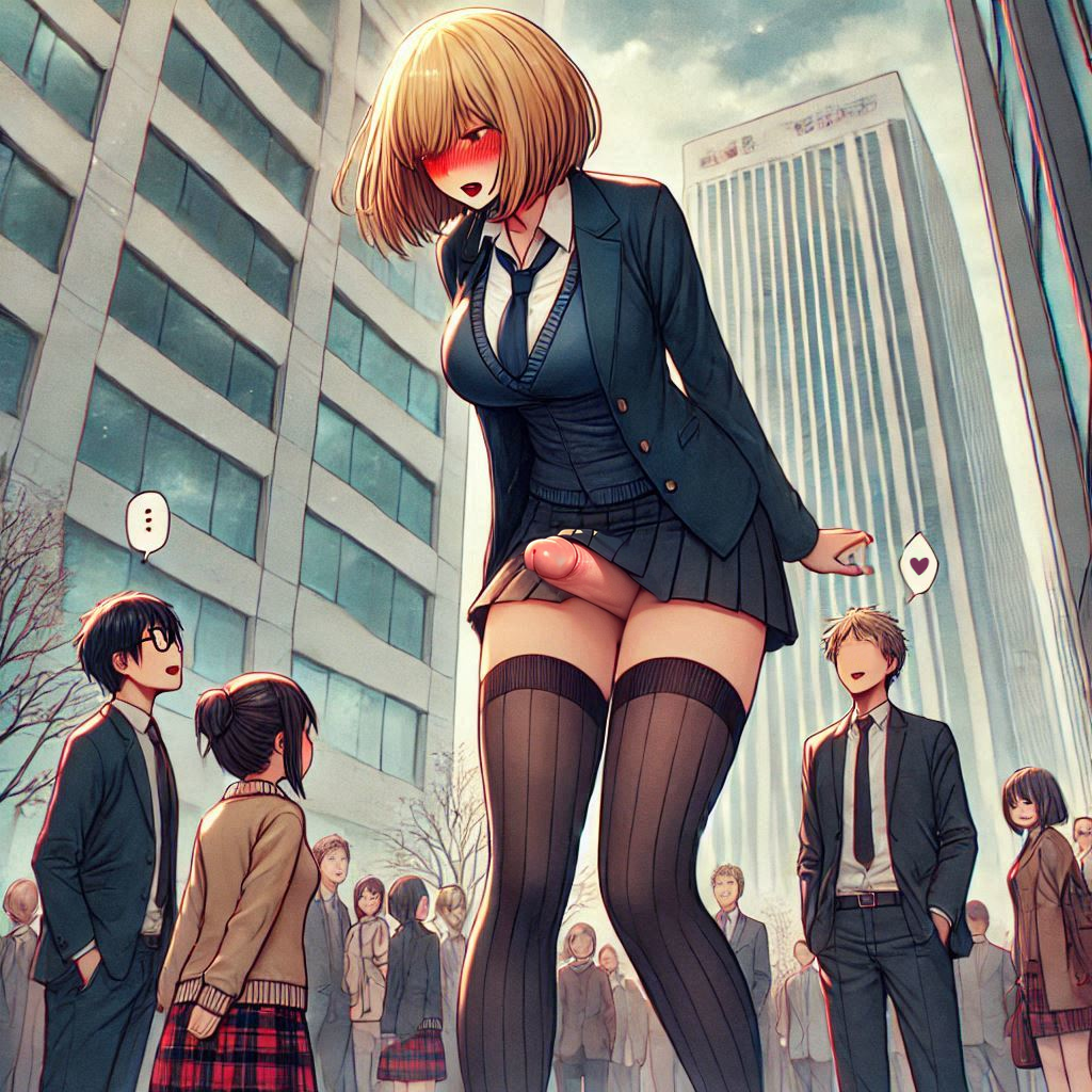 1futa ai_generated big_penis blonde_hair blush bob_cut breasts city embarrassed embarrassed_nude_futa erection erection_under_clothes erection_under_skirt female futa_giantess futa_is_bigger futanari giantess jacket large_breasts large_penis larger_futanari male penis penis_out penis_poking_out penis_under_clothes penis_under_skirt public public_nudity size_difference skirt skirt_lift spalela stockings tie wardrobe_malfunction