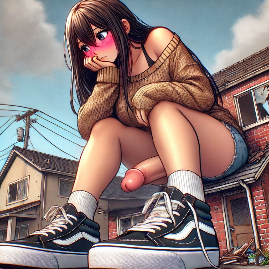 ai_generated big_penis blush destruction futa_only futanari giantess house large_penis light-skinned_futanari light_skin low-angle_view penis shorts sitting sneakers spalela sweater vans