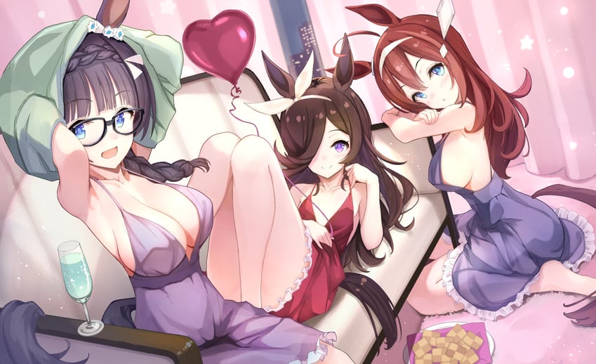 3girls, big breasts, breasts, champagne glass, cleavage, convenient censoring, convenient censorship, female, glasses, heart balloon, horse ears, horse girl, horse tail, inner sideboob, laying on couch, looking at viewer, mihono bourbon (umamusume), nightgown, ooshima kojima, purple dress, red dress, rice shower (umamusume), see-through, see-through clothing, sideboob, sitting on couch, sitting on floor, small breasts, tagme, umamusume, underwear, zenno rob roy (umamusume)