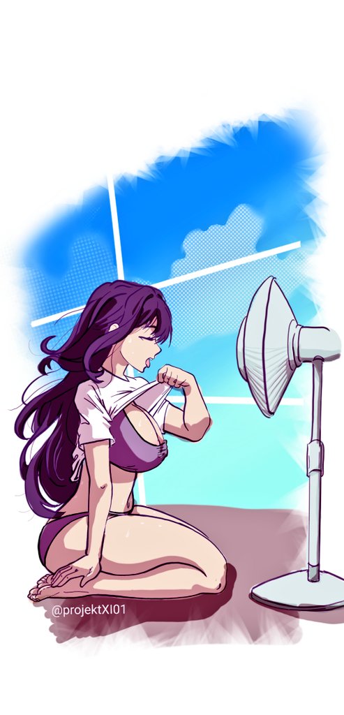 1girls, big breasts, bra, breasts, busty, cooling off, curvy, doki doki literature club, fan, female, hot, kneeling, lifting shirt, light skin, light-skinned female, panties, projektxi01, purple bra, purple hair, purple panties, sweating, thick thighs, yuri (doki doki literature club)