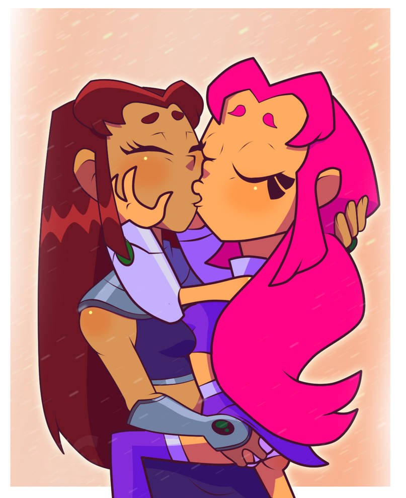 alien_girl alien_humanoid closed_eyes dc_comics hand_behind_head hand_on_butt hand_on_head kissing koriand'r long_hair pink_hair red_hair self_fondle selfcest size_difference starfire teen_titans teen_titans_go