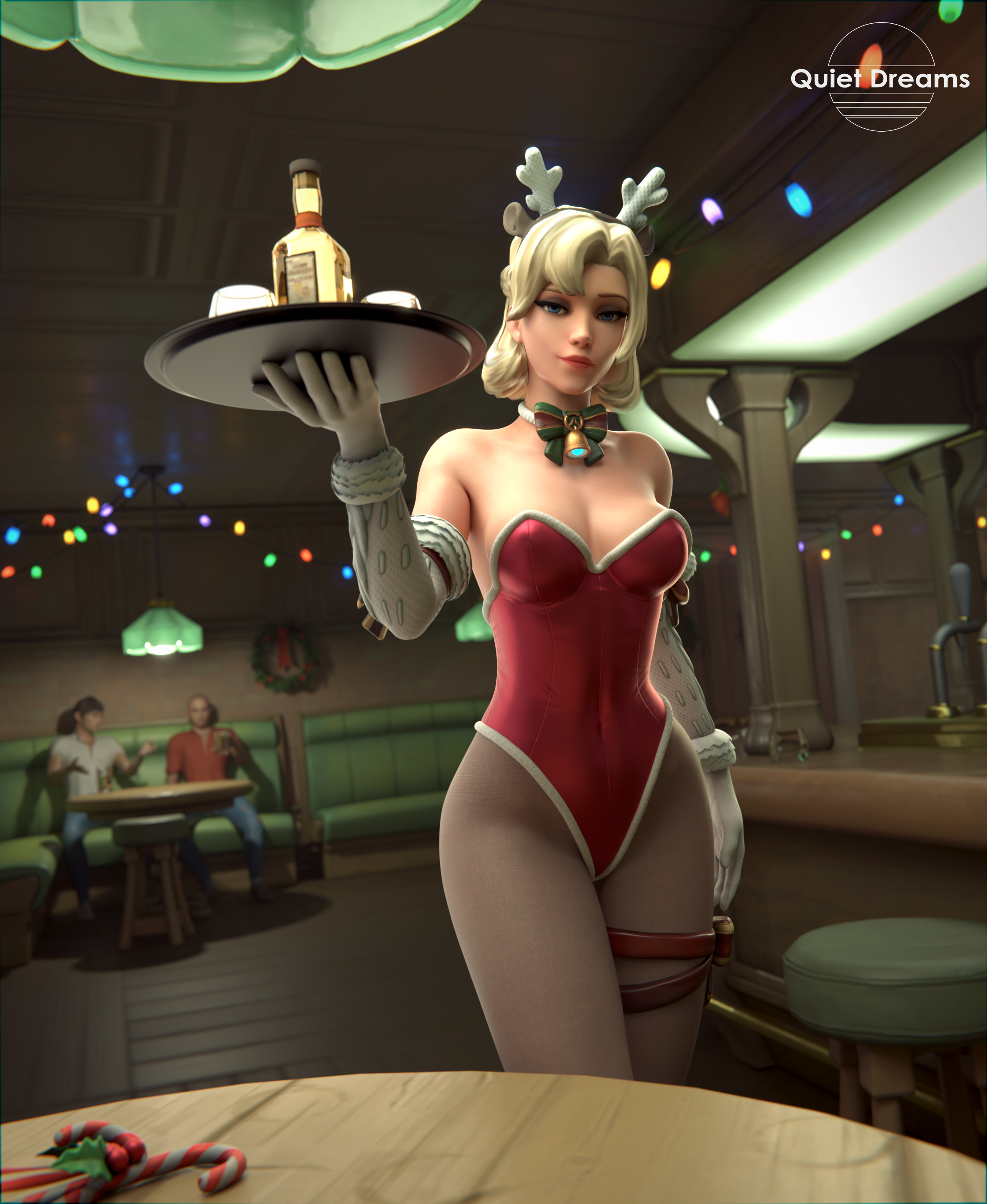 3d, bare shoulders, big breasts, blender, blonde hair, breasts, bunnysuit, female, gloves, jingle belle mercy, looking at viewer, mercy, overwatch, overwatch 2, quietdreams3d, thick thighs, video game character