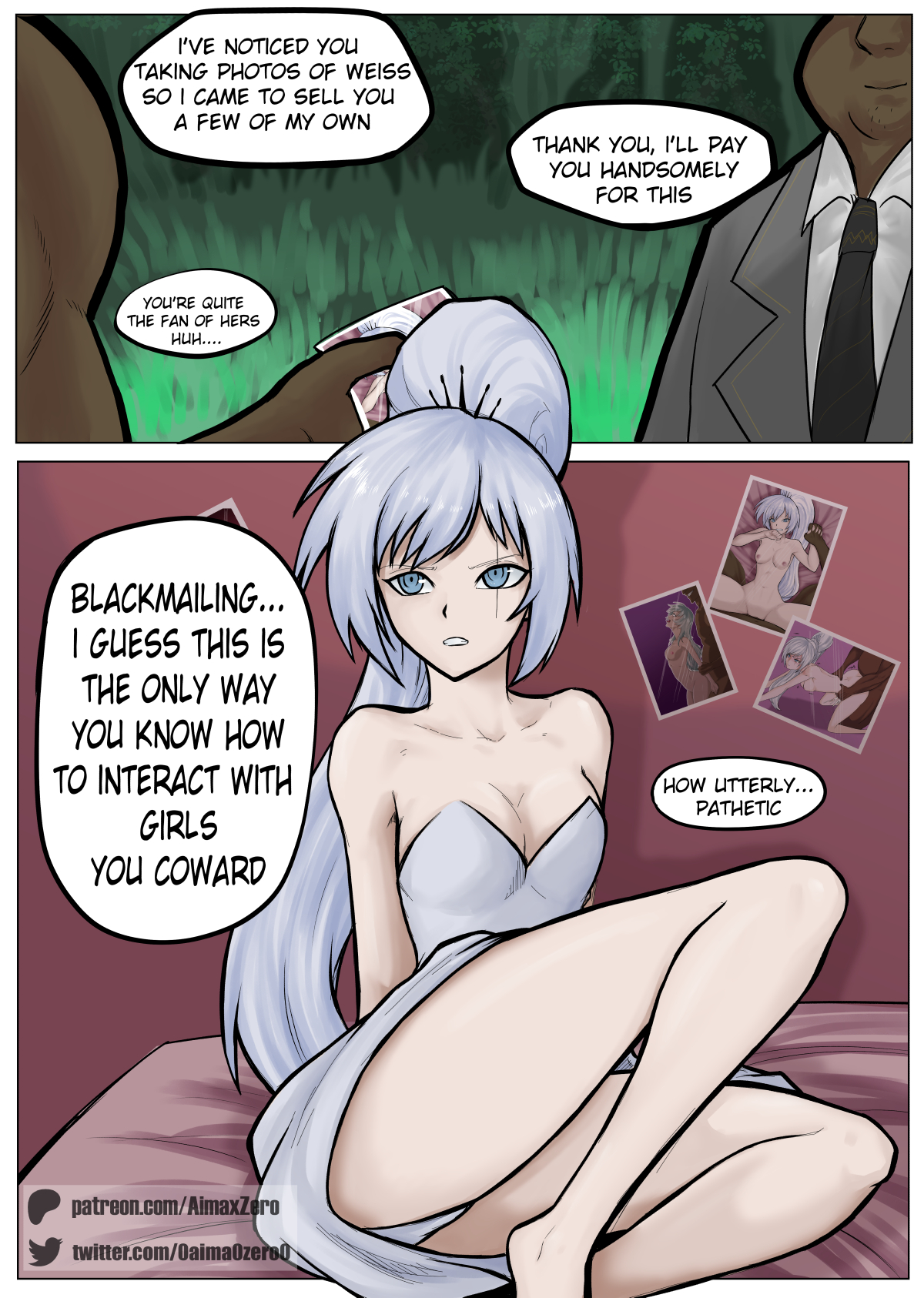 aima zero, before sex, blackmail, blue eyes, comic, commission, dark skin, dark-skinned male, dress, female, imminent rape, male, part of a set, patreon, rwby, teenage female, teenager, weiss schnee, white hair