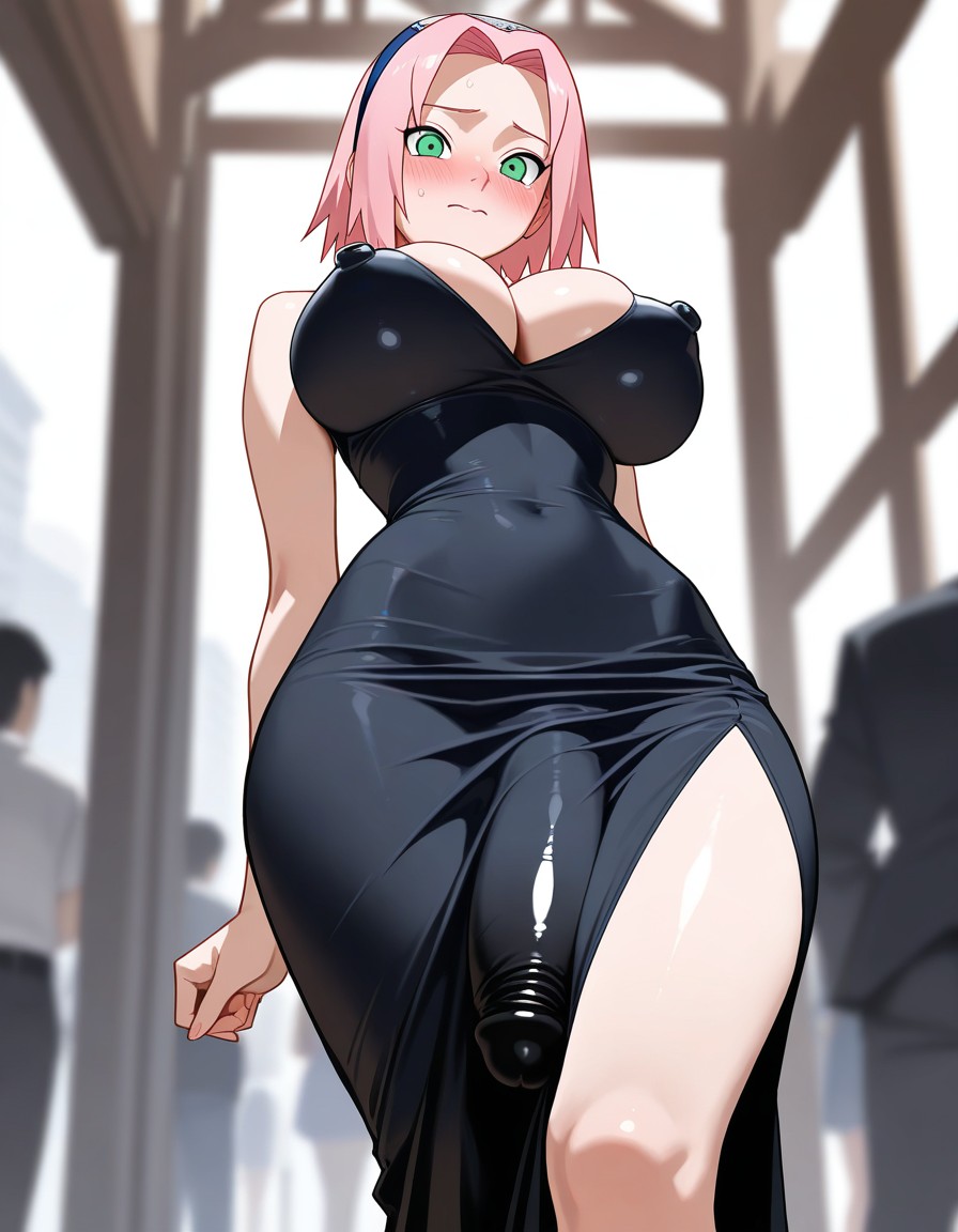 1girls ai_generated big_breasts blush dress embarrassed flaccid futanari green_eyes huge_cock naruto naruto_shippuden penis_under_clothes pink_hair public sakura_haruno short_hair small_waist solo thick_thighs tight_clothing zynai