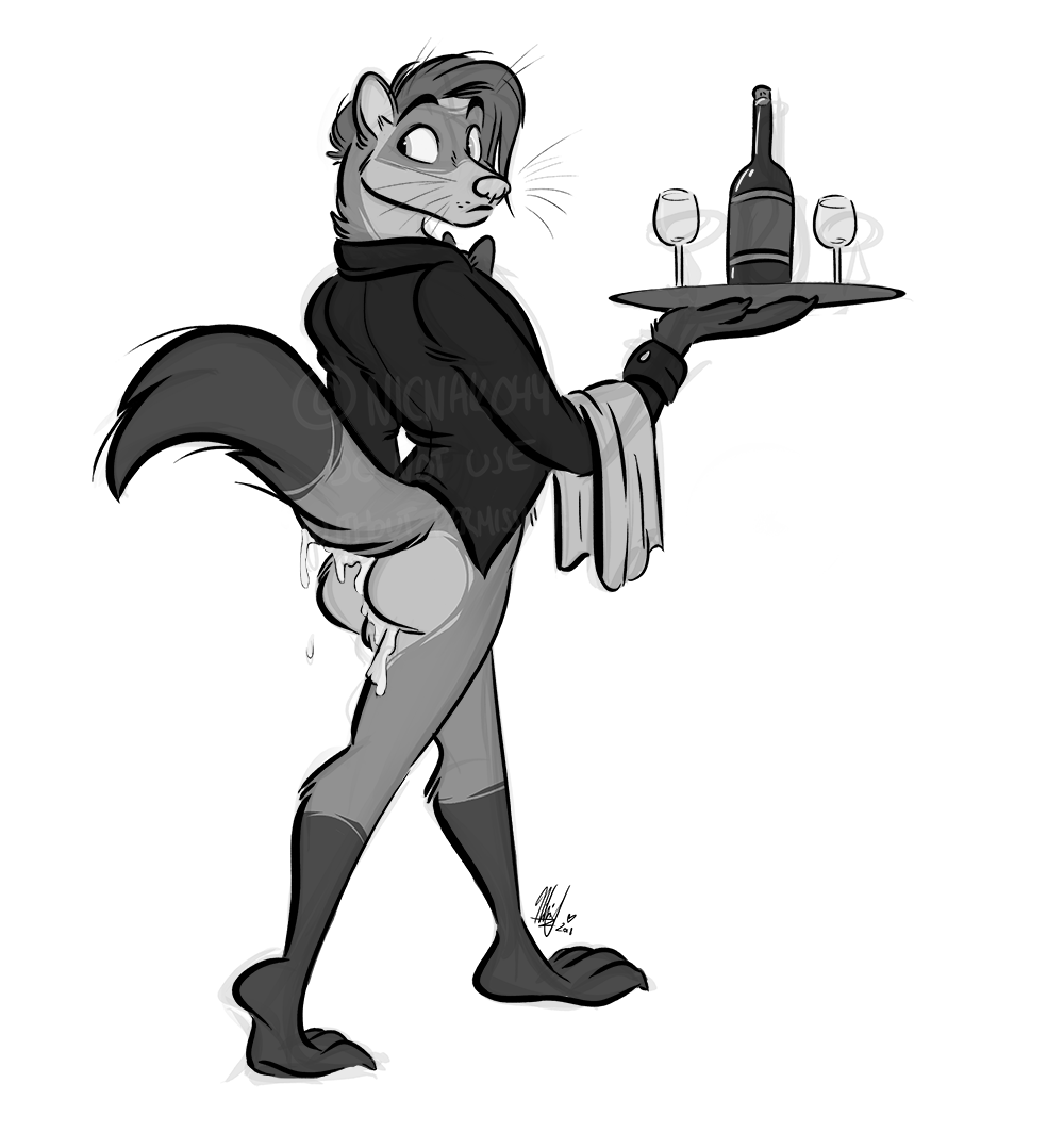 alcohol anthro ass barnaby_kane beverage black_and_white bottomless bow_tie butler butt_heart clothed clothing cum cum_drip cum_in_ass cum_inside dripping ferret glass hair male_only mammal monochrome mustelid nicnak044 paws perineum platter raised_tail towel tuxedo waiter watermark wine