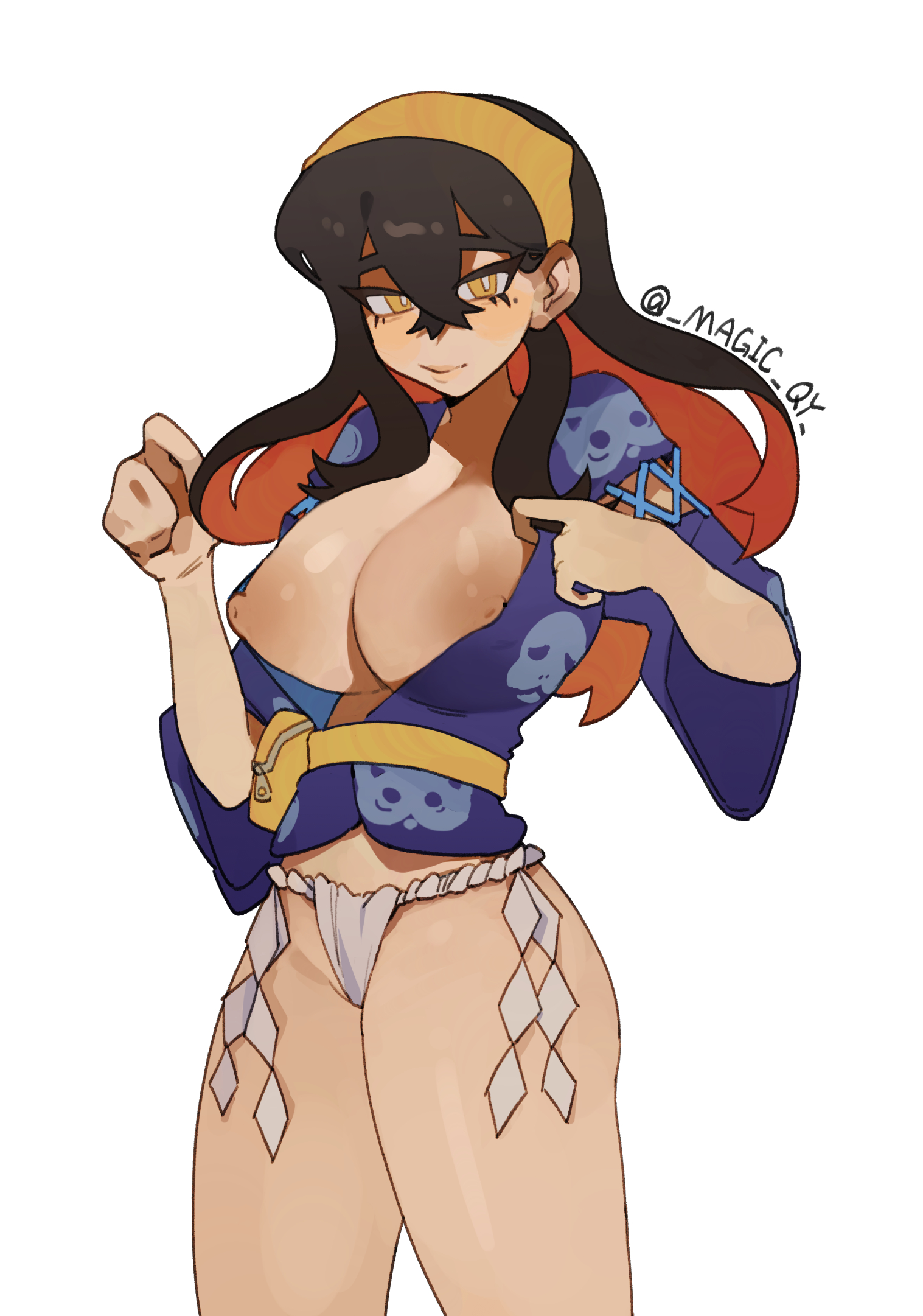 1girls, artist name, breasts, breasts out, carmine (pokemon), colored inner hair, female, game freak, hairband, long hair, magic qy, mole, mole under eye, nintendo, nipples, no bra, panties, pokemon, pokemon sv, simple background, solo, solo female, solo focus, underwear, white background, white panties, yellow eyes, yellow hairband