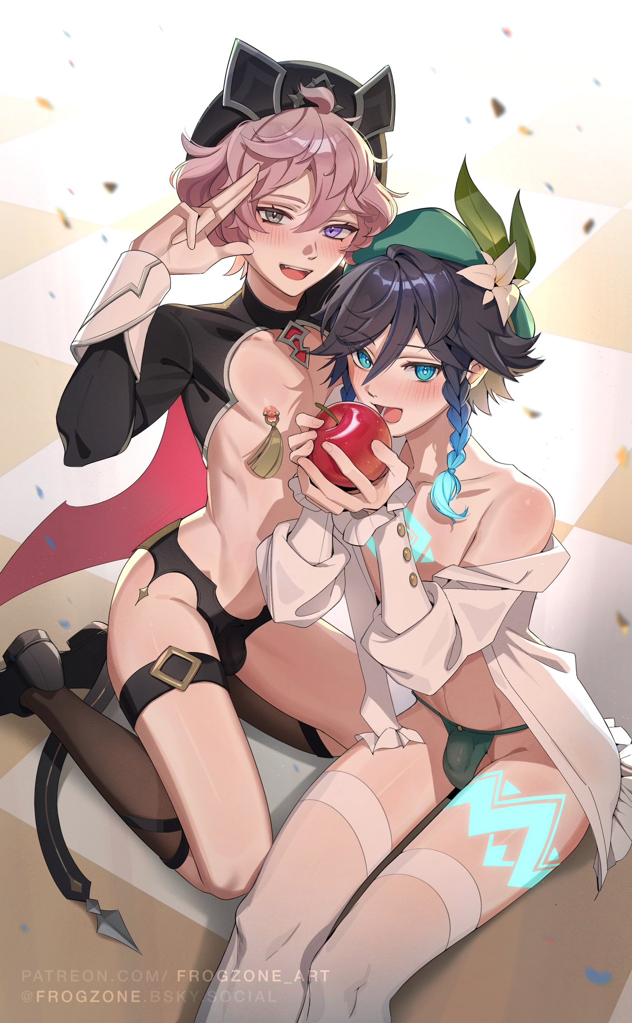 2boys blue_eyes body_markings bulge dahlia_(genshin_impact) femboy femboy_only feminine_male frogzone frogzone_art genshin_impact gradient_hair hat long_socks male male_only mostly_clothed multicolored_hair nipple_piercing partially_clothed pink_hair thighhighs thighs venti_(genshin_impact) yaoi