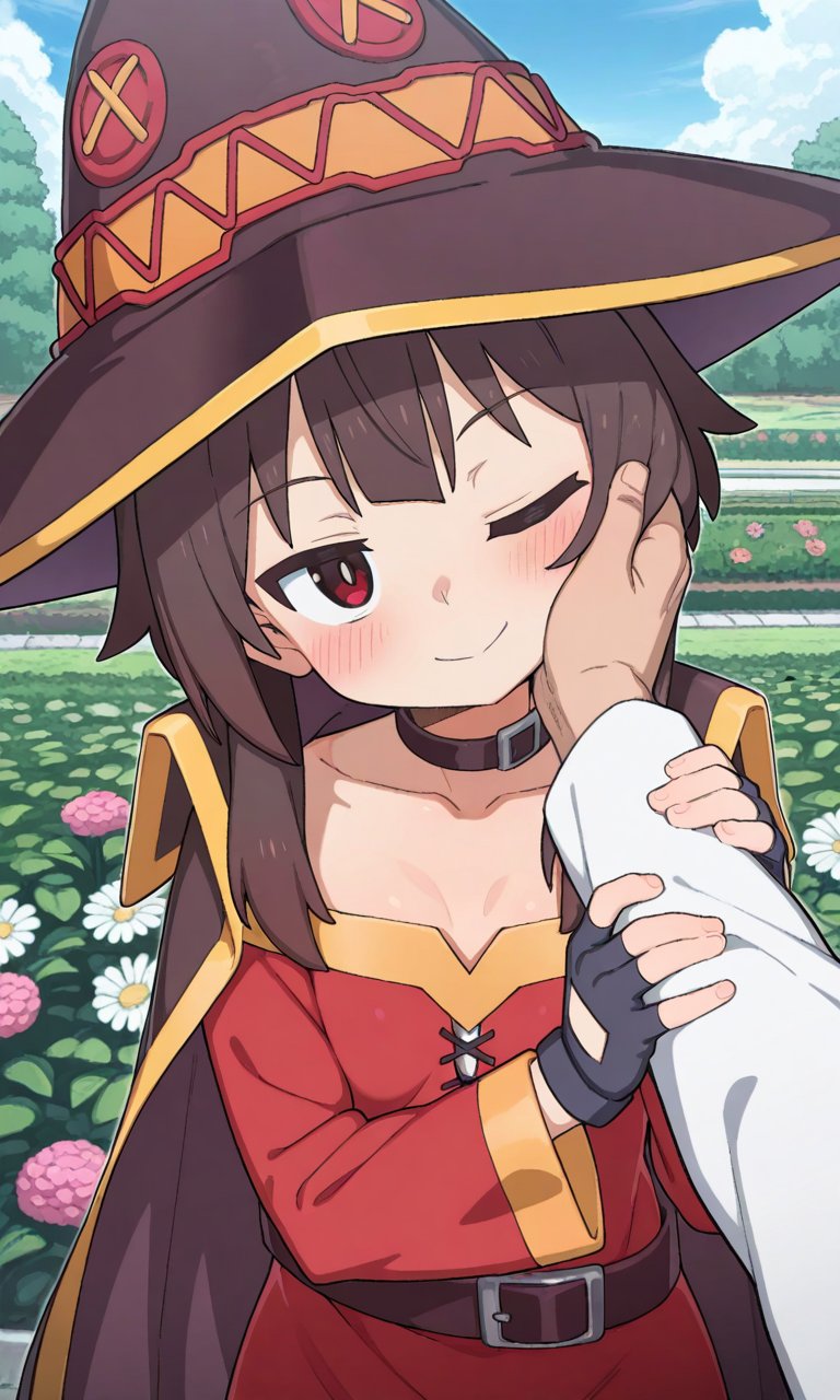 1boy 1girls ai_generated black_hair curvaceous curvy_female hiragayu_ai kono_subarashii_sekai_ni_shukufuku_wo! light-skinned_female light_skin looking_at_viewer megumin one_eye_closed pov pov_eye_contact red_eyes short_hair small_breasts smiling squatting sweat sweatdrop wholesome witch_hat