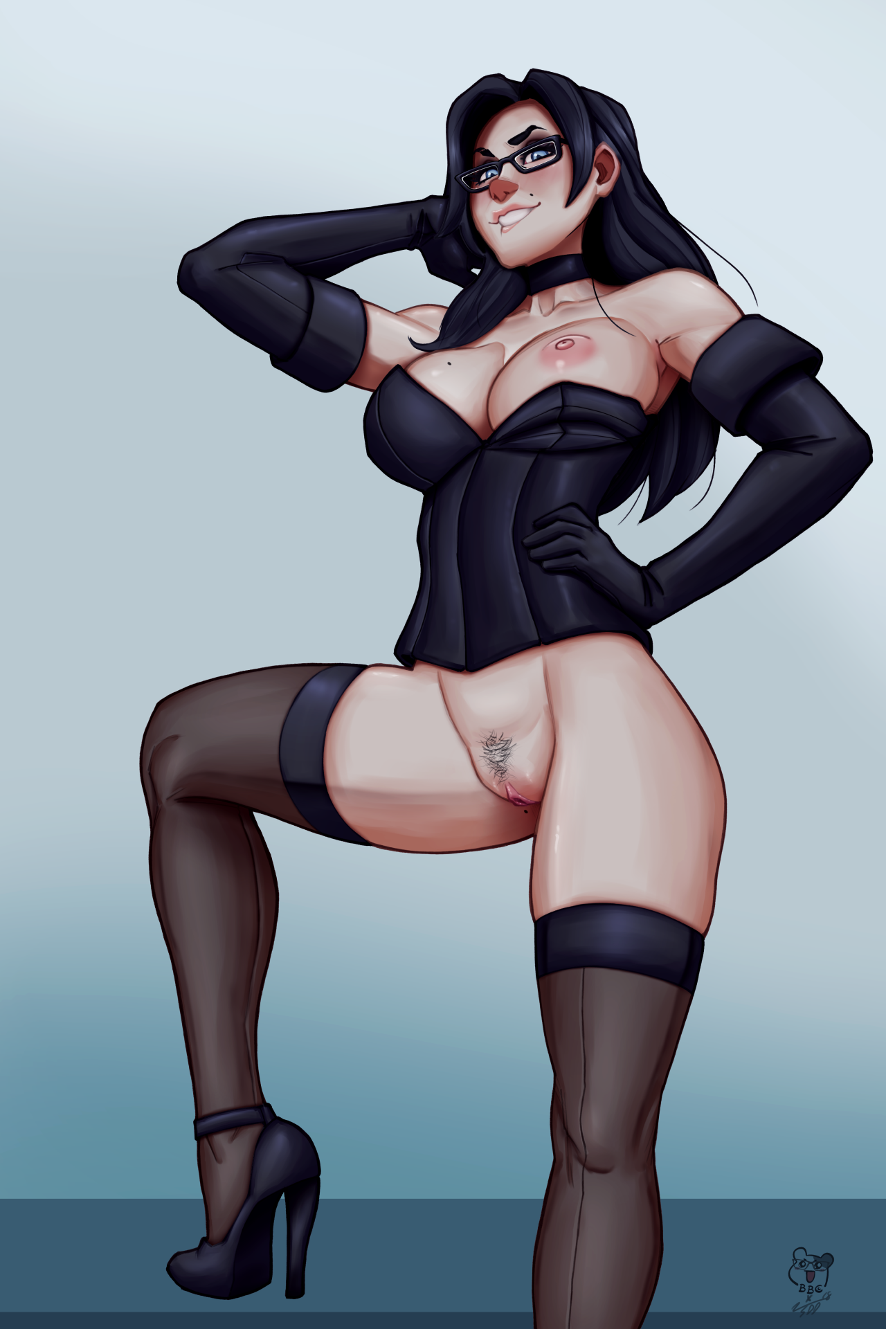 areolae, bbc-chan, big breasts, breasts, female, female only, glasses, large breasts, looking at viewer, nipples, pussy, solo, somedudedrawing, thighhighs
