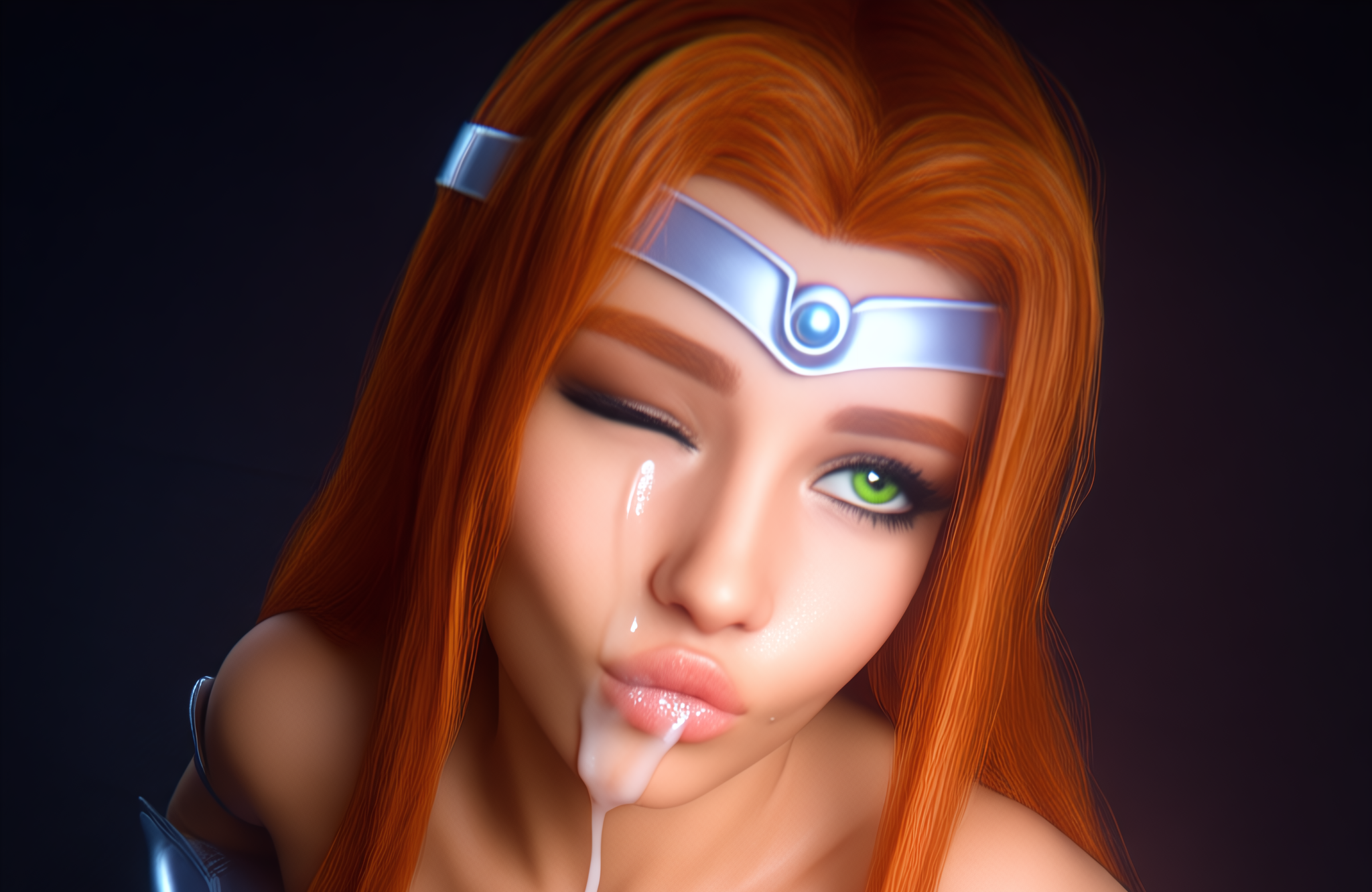 2026, after fellatio, after oral, ai assisted, blowjob, circlet, cum, cum drip, cum in mouth, cum on body, cum on breasts, cum on face, cumshot, dc, dc comics, facial, fellatio, green eyes, leshay7, long hair, starfire, teen titans