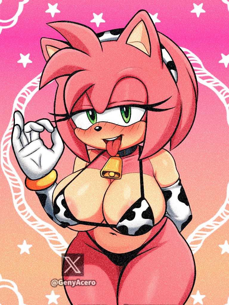 1girl, amy rose, animal print, areola slip, bikini, breasts, cleavage, cow print, female focus, genyacero, hedgehog, hedgehog girl, large breasts, looking at viewer, sonic (series), swimsuit