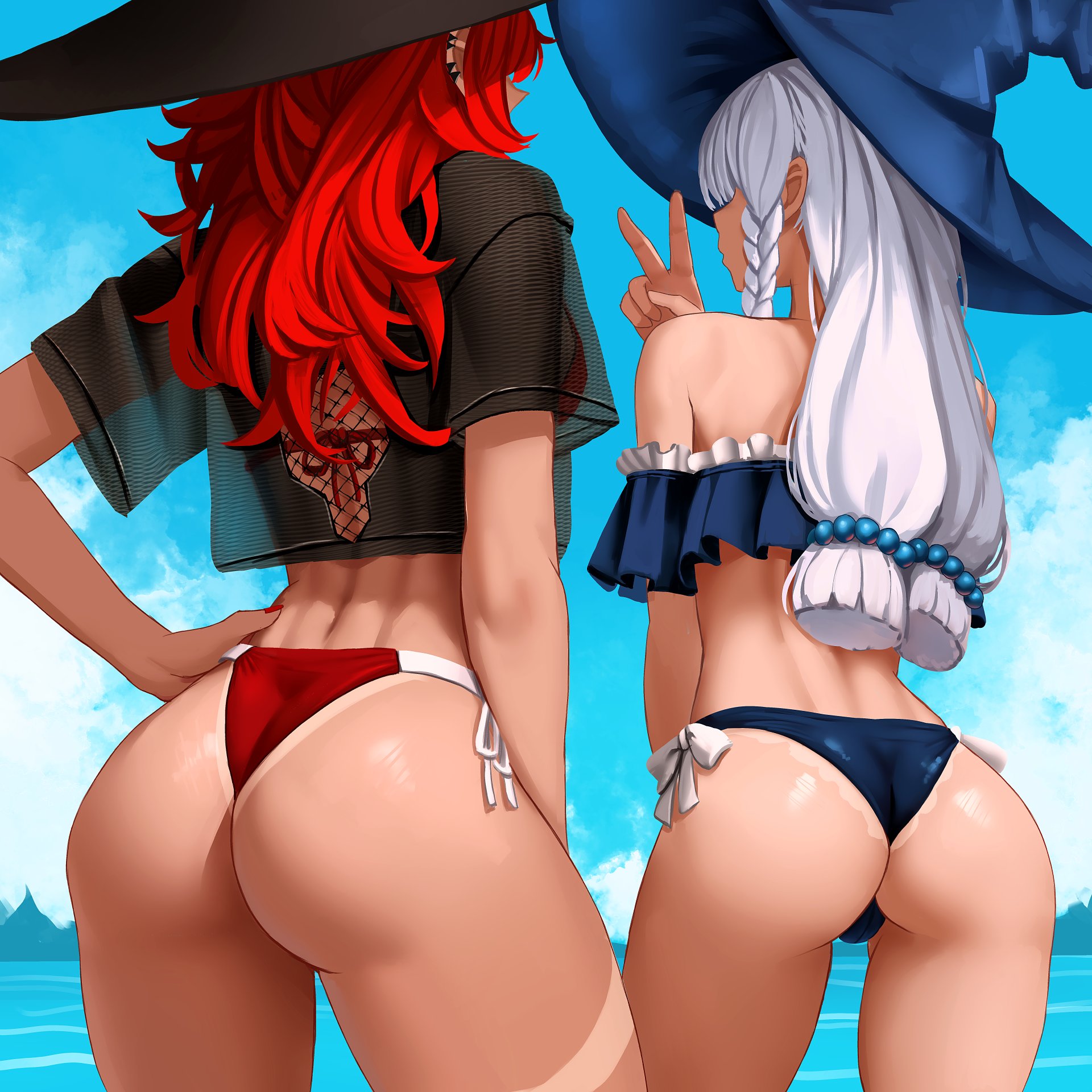 2girls, ass, ass focus, back, backboob, beach, blue sky, borrowed character, cloud, day, duo, facing away, fat ass, from behind, hat, highres, horizon, long hair, ocean, red hair, sky, v, val (yan kodiac), water, white hair, witch hat, yan kodiac