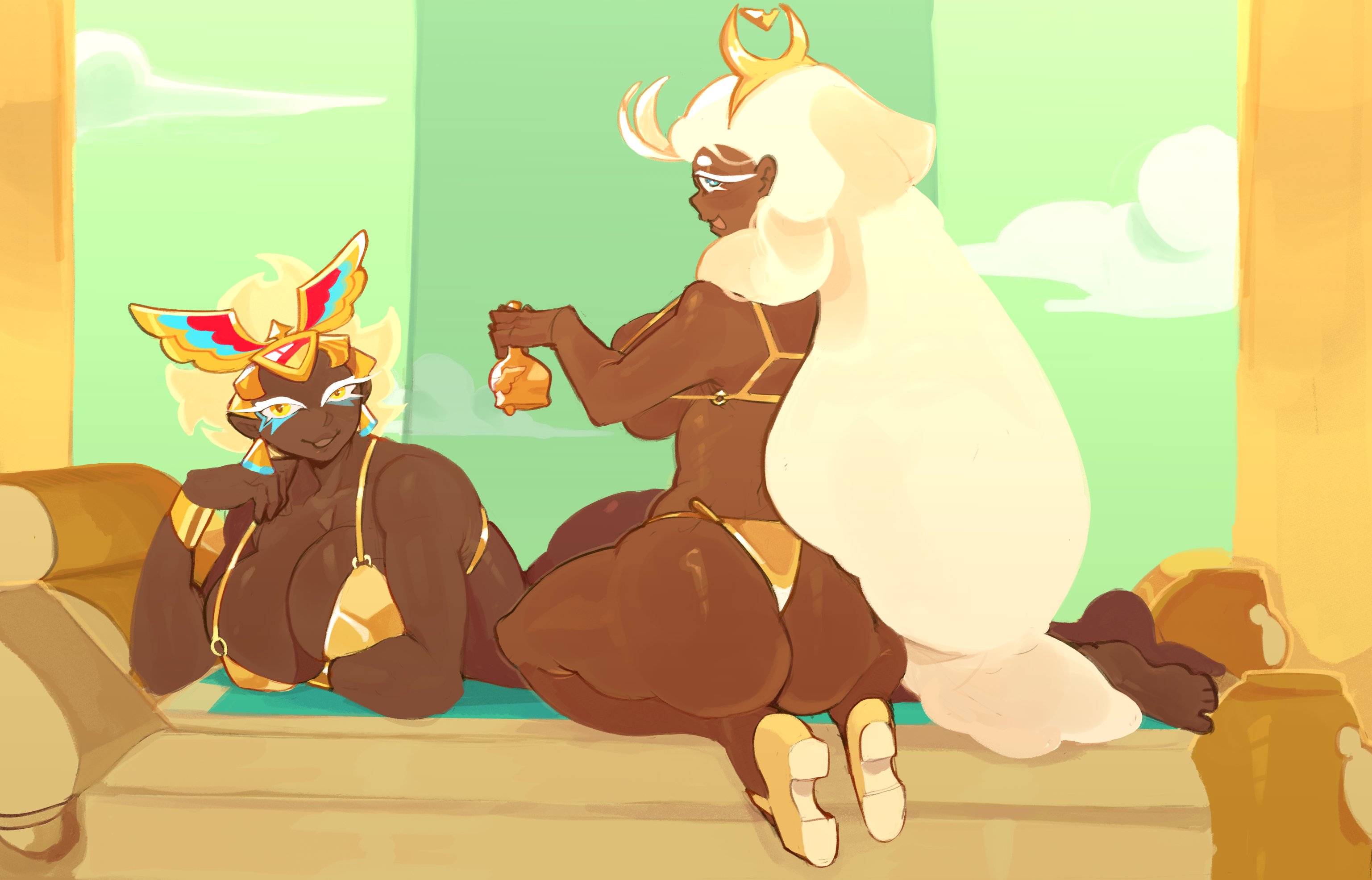 2girls, ass, awakened golden cheese cookie, bell, big ass, big breasts, bikini, blue eyes, breasts, cloud, clouds, cookie, cookie run, cookie run kingdom, dark skin, dark-skinned female, fat ass, female, female only, golden bikini, golden cheese cookie, golden week, heels, jackting off, jewelry, looking at viewer, looking back, mouth open, mozzarella cookie, multiple girls, yellow eyes, yellow hair