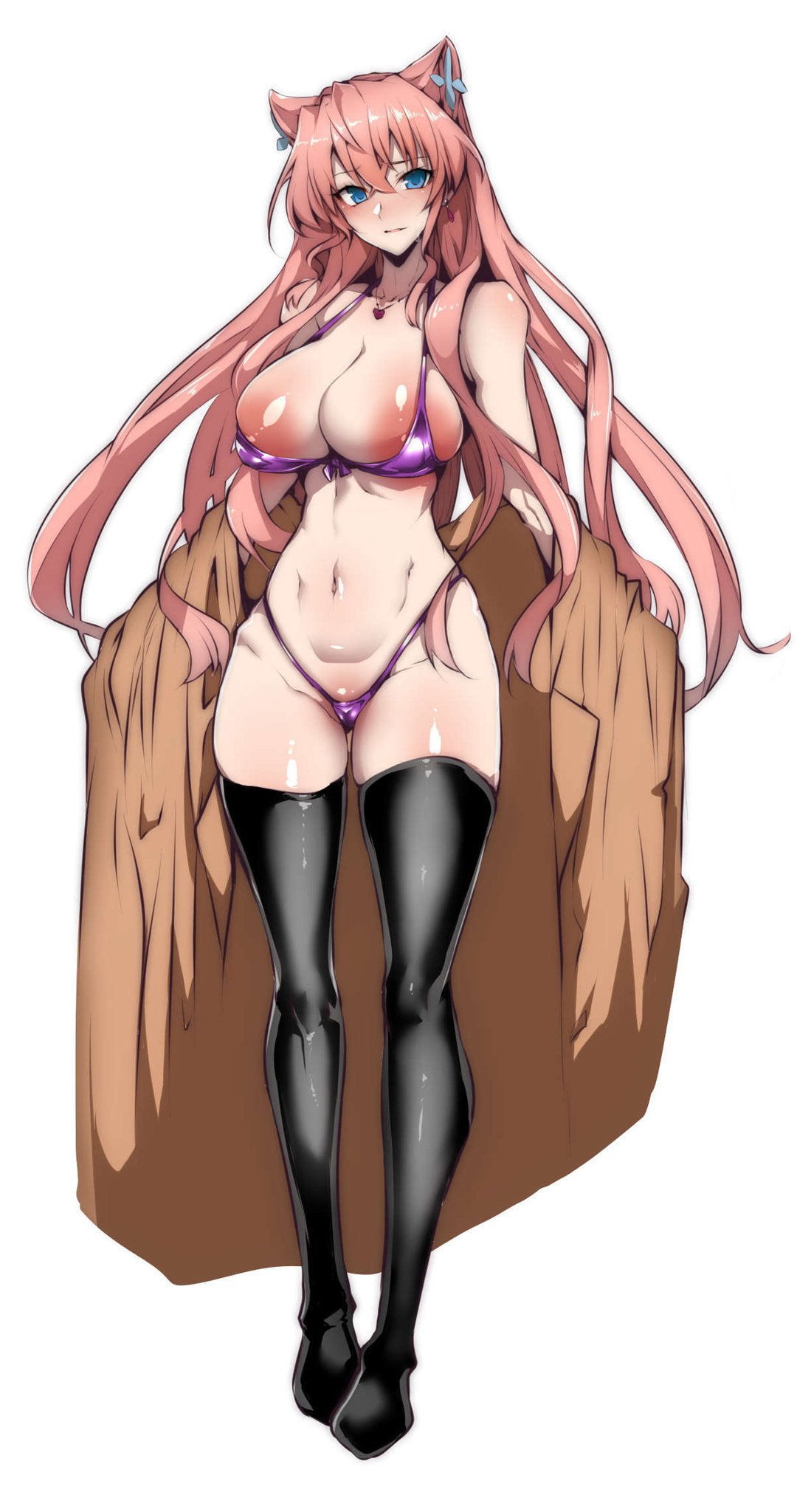1girls, bikini, black legwear, black thighhighs, blue eyes, breasts, brown coat, cat ears, cat girl, catgirl, female, flashing, g-string, gggg, hair ornament, large areolae, large breasts, large thighs, long hair, maria cadenzavna eve, necklace, pink hair, senki zesshou symphogear, white background