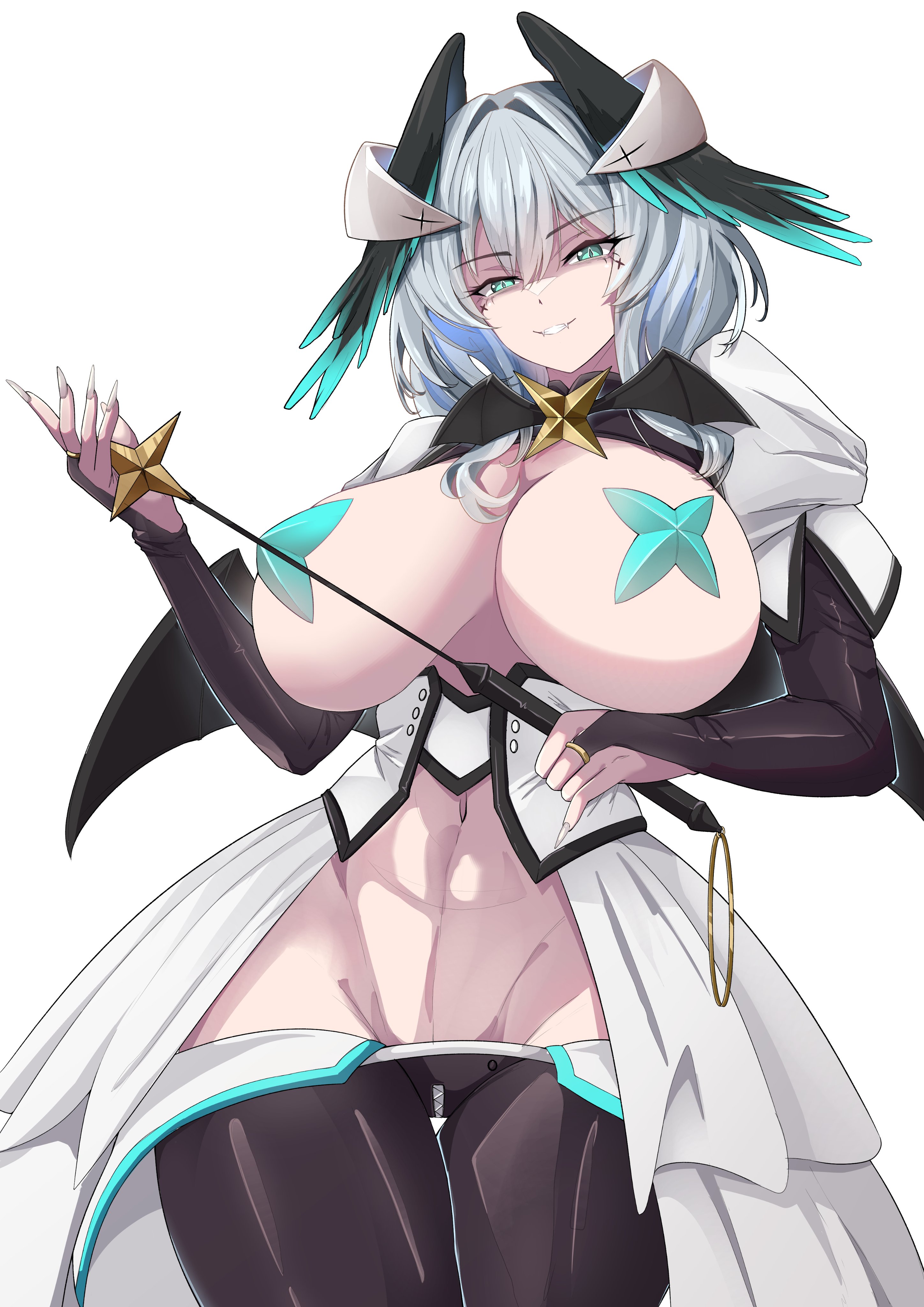 1girl, absurdres, aqua eyes, aqua nails, arknights, artist collaboration, black thighhighs, breasts, breasts out, cassava sketch, colorized, commentary request, cosplay, cowboy shot, crotch zipper, facial mark, fangs, groin, halloween costume, head wings, highres, ho'olheyak (arknights), holding, holding wand, huge breasts, looking at viewer, magia baiser, magia baiser (cosplay), mahou shoujo ni akogarete, pasties, purple background, shaded face, short hair, simple background, smile, snake tail, solo, spot color, tail, thighhighs, wand, wings, zipper