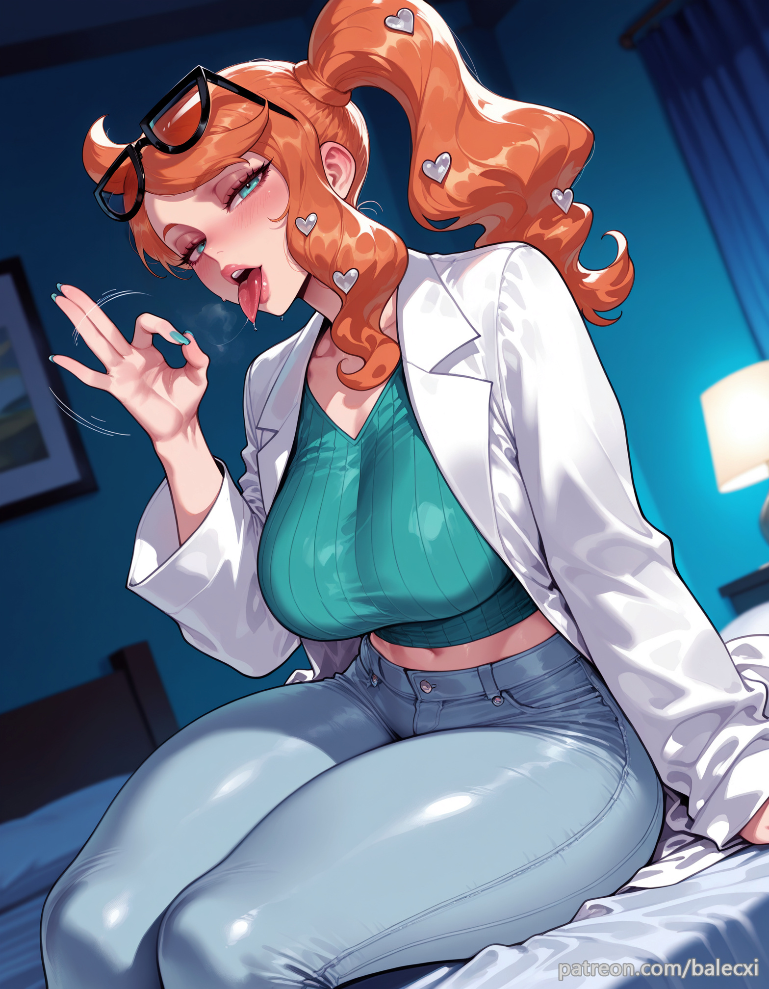 1girl, ai generated, aqua eyes, balecxi, blue pants, blush, crop top, denim, eyewear on head, fellatio gesture, fully clothed, glasses, hair ornament, heart, heart hair ornament, indoors, jeans, lab coat, large breasts, long hair, long sleeves, looking at viewer, midriff, nail polish, naughty face, navel, nintendo, orange hair, patreon username, pokemon, pokemon ss, pokemon swsh, ribbed shirt, sexually suggestive, side ponytail, sitting, solo, sonia (pokemon), thick thighs, tongue, tongue out