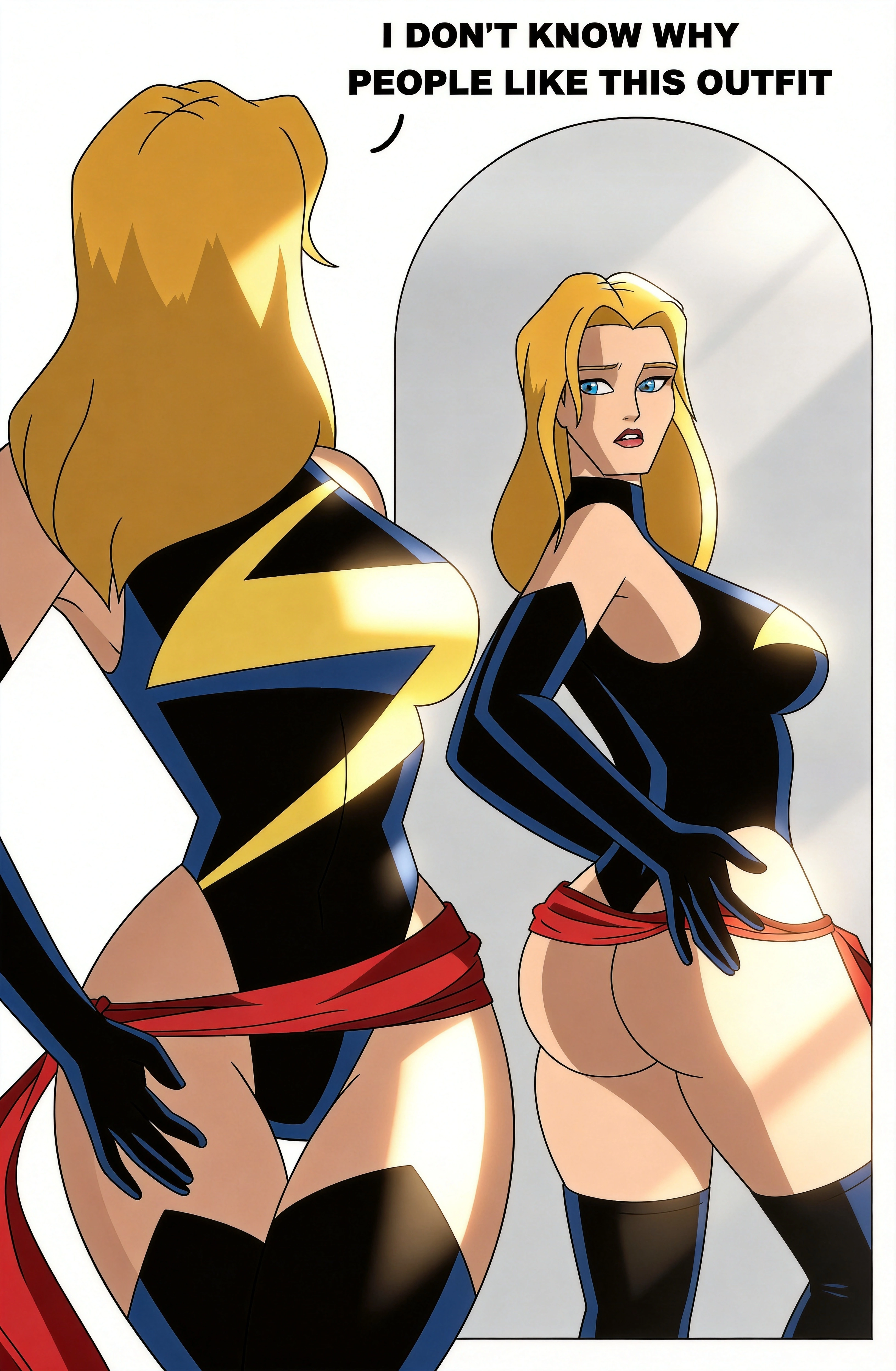 2d, 2d (artwork), ass focus, biting lip, biting own lip, carol danvers, curvy female, curvy figure, female, inspired by formal art, looking back, marvel, marvel comics, mirror, mirror reflection, ms. marvel, ms. marvel (carol danvers), sexy outfit, subtitles, the avengers: earth's mightiest heroes, thick thighs, tight leotard, webart20