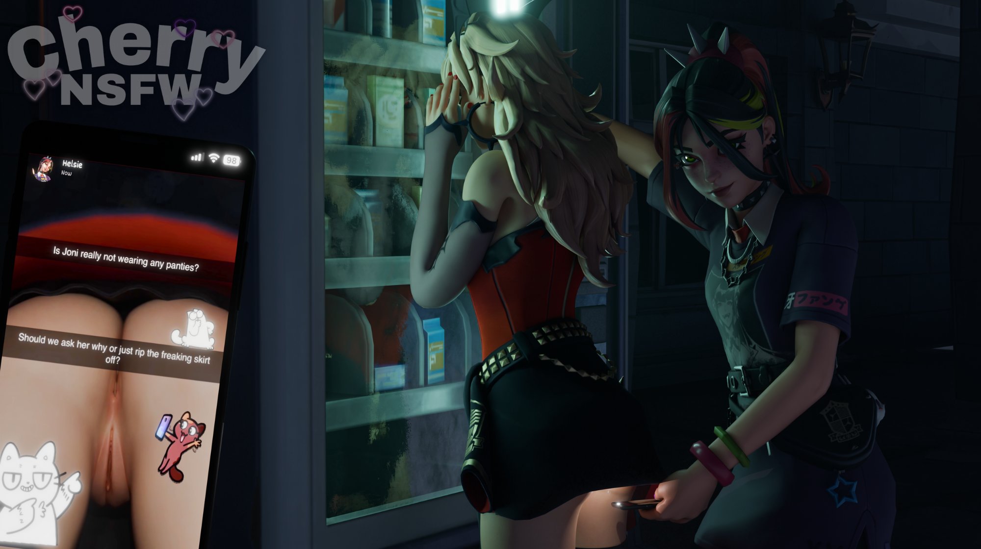 2girls, 3d, anus, cherrynsfw, english text, female, female only, fortnite, helsie (fortnite), joni (fortnite), no panties, no panties under skirt, phone screen, photo, pussy, red ruin joni (fortnite), social media, upskirt, upskirt photo