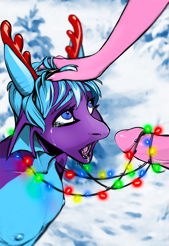 2018 anthro bondage christmas christmas_lights demino_(deminothedragon) dragon duo erection eyeshadow fake_antlers girly hair hand_on_head holidays horn kimart_i lipstick looking_up makeup male nipples nude open_mouth oral penis scalie sex tears tongue yaoi