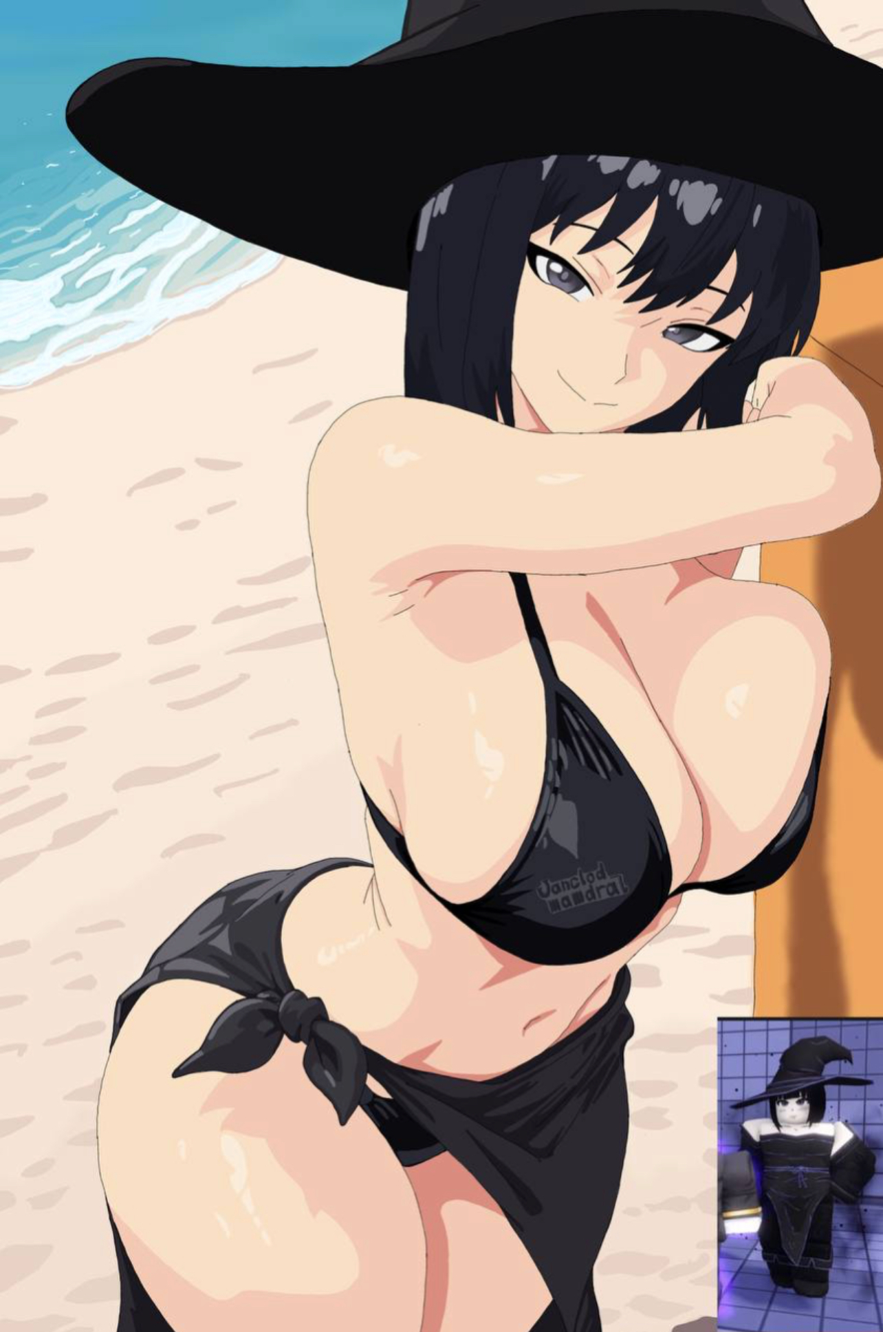 1girls, beach, beach background, belly, big breasts, black eyes, black hair, female, female focus, female only, huge breasts, looking at viewer, reference image, revealing clothes, riu-chan, roblox, roblox game, roblox is unbreakable, robloxian, self upload, short hair, solo, solo female, tagme (artist), underboob, witch, witch hat
