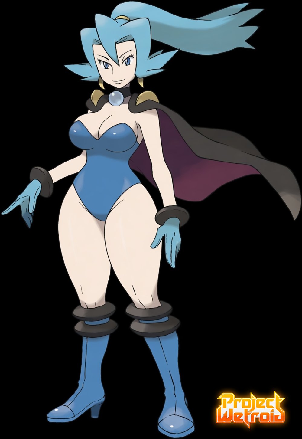 aqua hair, blue eyes, bodysuit, boobs, boots, cape, clair (pokemon), closed mouth, collar, cyan hair, exposed thighs, female, female only, fringe, game freak, gloves, gym leader, leotard, looking at viewer, necklace, nintendo, official style, pale skin, pale-skinned female, pokemon, pokemon gsc, pokemon hgss, ponytail, pose, projectwetroid, simple background, smile, standing, thighs, woman, younger female