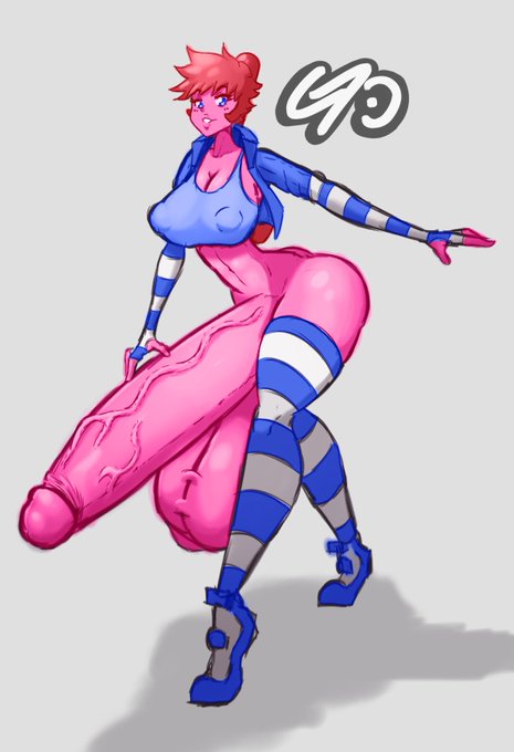 balls, breasts, cock-tail, futanari, gigantic penis, gyzertoast, huge balls, huge testicles, intersex, kneesocks, large breasts, looking at viewer, penis, pink skin, puffy nipples, sophie (gyzertoast), testicles, thick thighs, thighhighs, veiny penis