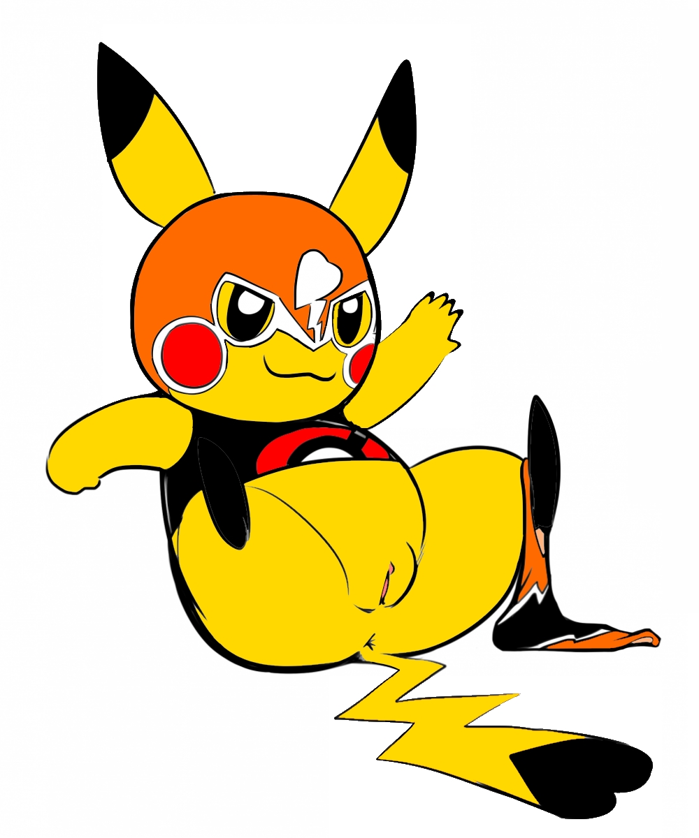 anus cleft_tail cosplay_pikachu female feral front_view nintendo pikachu pikachu_libre pokémon_(species) pokemon presenting presenting_anus presenting_pussy pussy samuriolu simple_background smile solo spread_legs spreading video_games white_background