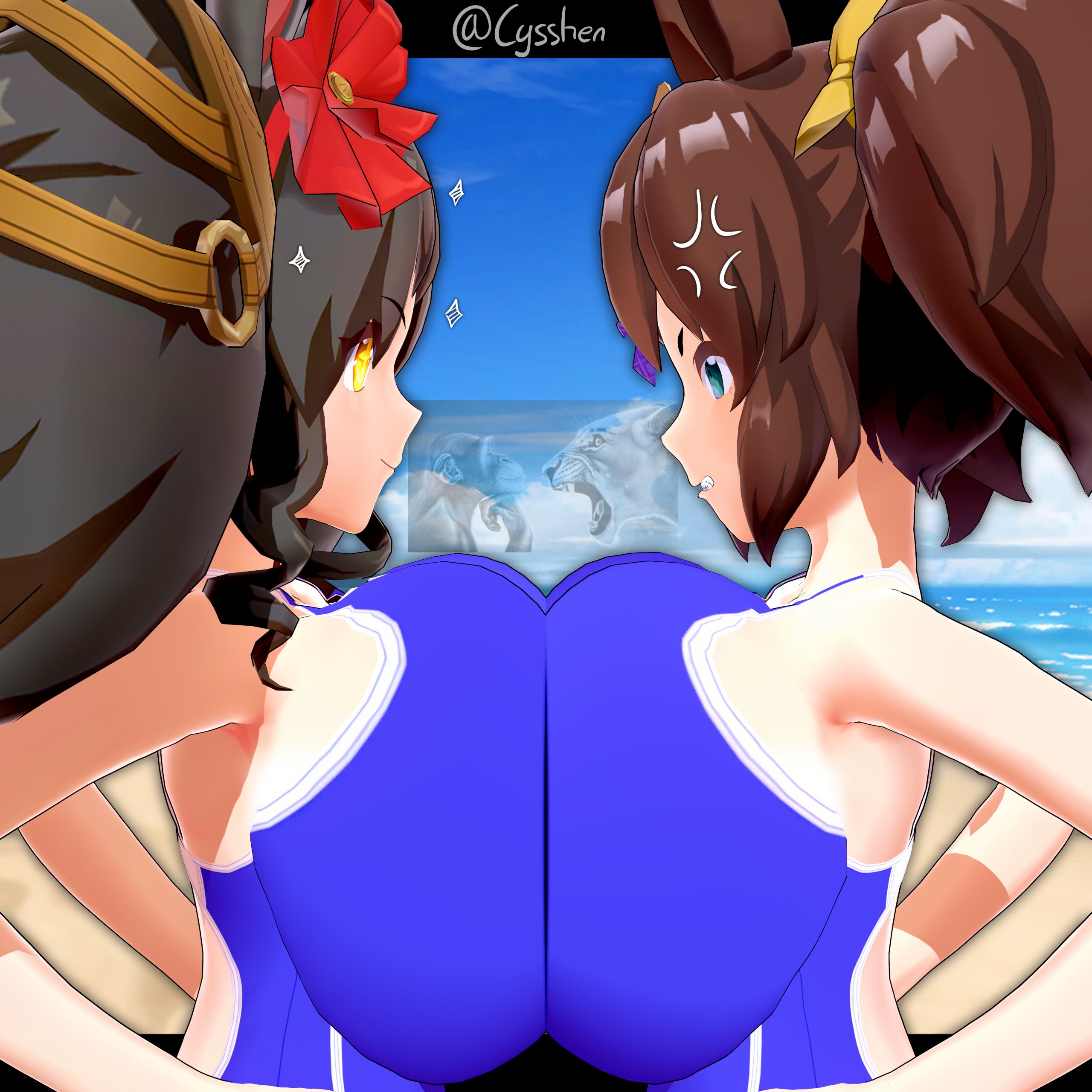 2girls, 3d, big breasts, breast press, breasts, cyshen, female, huge breasts, inari one (umamusume), large breasts, marvelous sunday (umamusume), massive breasts, multiple girls, pressing breasts together, swimsuit, top heavy, umamusume, umamusume pretty derby