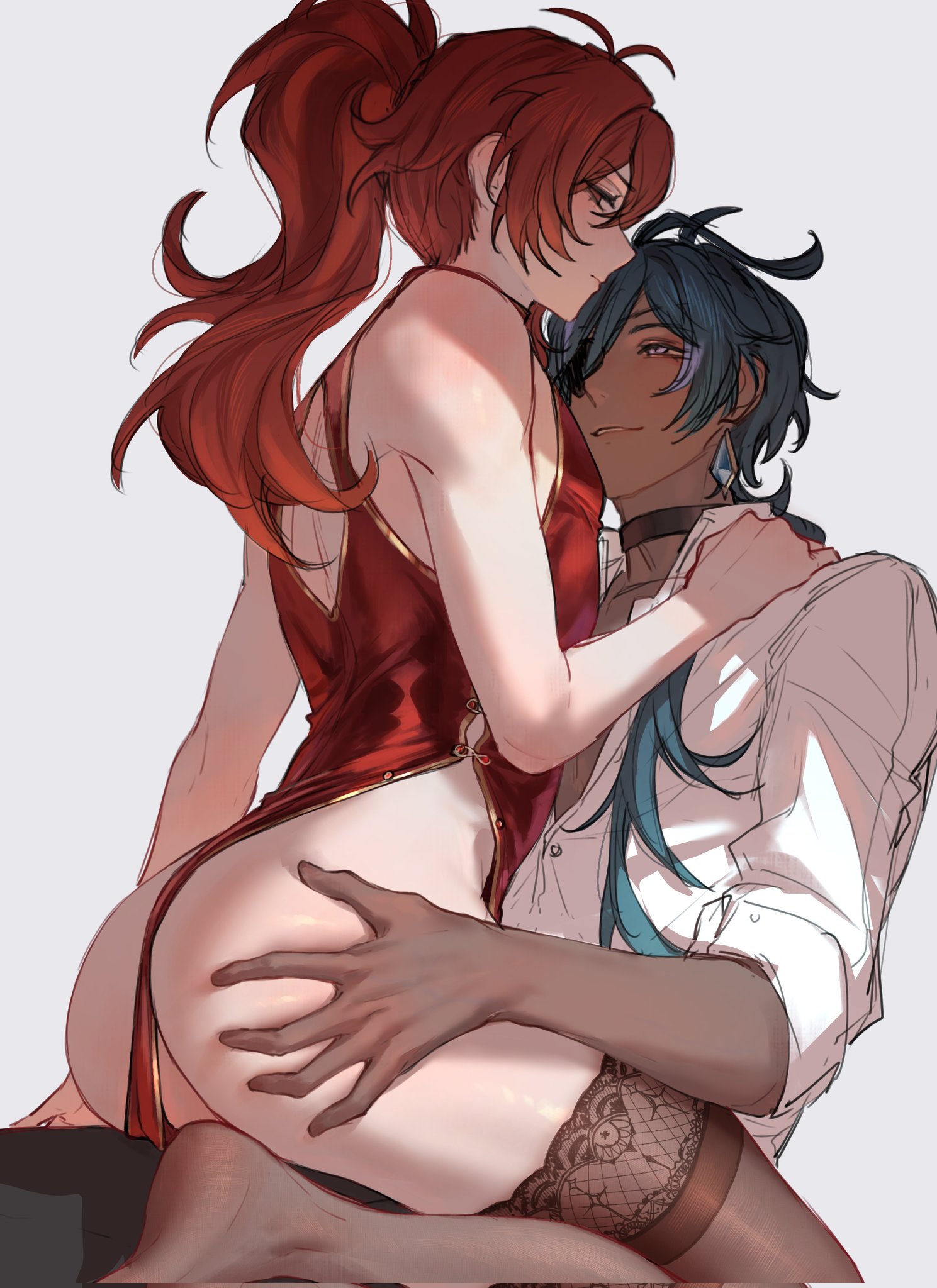ass, ass grab, blue eyes, blue hair, diluc (genshin impact), gay, genshin impact, kaeya (genshin impact), ponytail, red eyes, red hair, tan skin, thighhighs, yaoi, zehuij