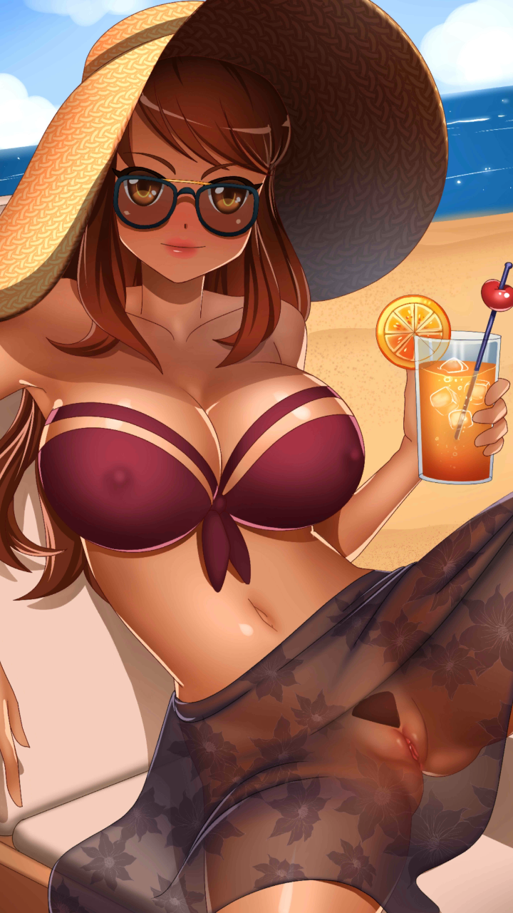 beach big_breasts booty_calls breasts brown_eyes brown_hair cocktail curvy dark-skinned_female female female_only hat large_breasts pussy sasha_(booty_calls) see-through solo spread_legs sun_hat sunglasses