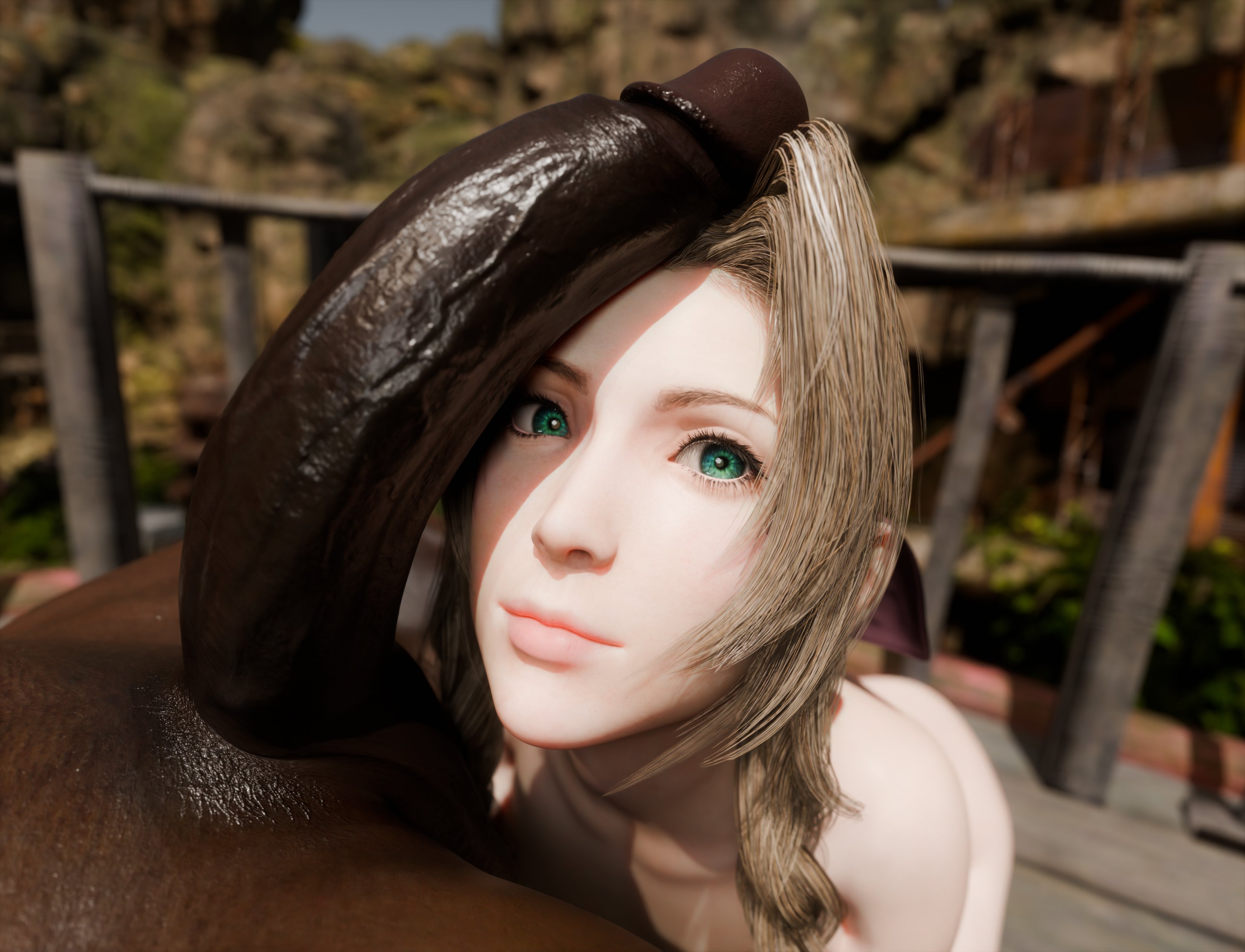 1boy, 1girls, aerith gainsborough, dark skin, dark-skinned male, derpderp, final fantasy, final fantasy vii, green eyes, imminent sex, interracial, light skin, light-skinned female, male/female, penis on face, tagme