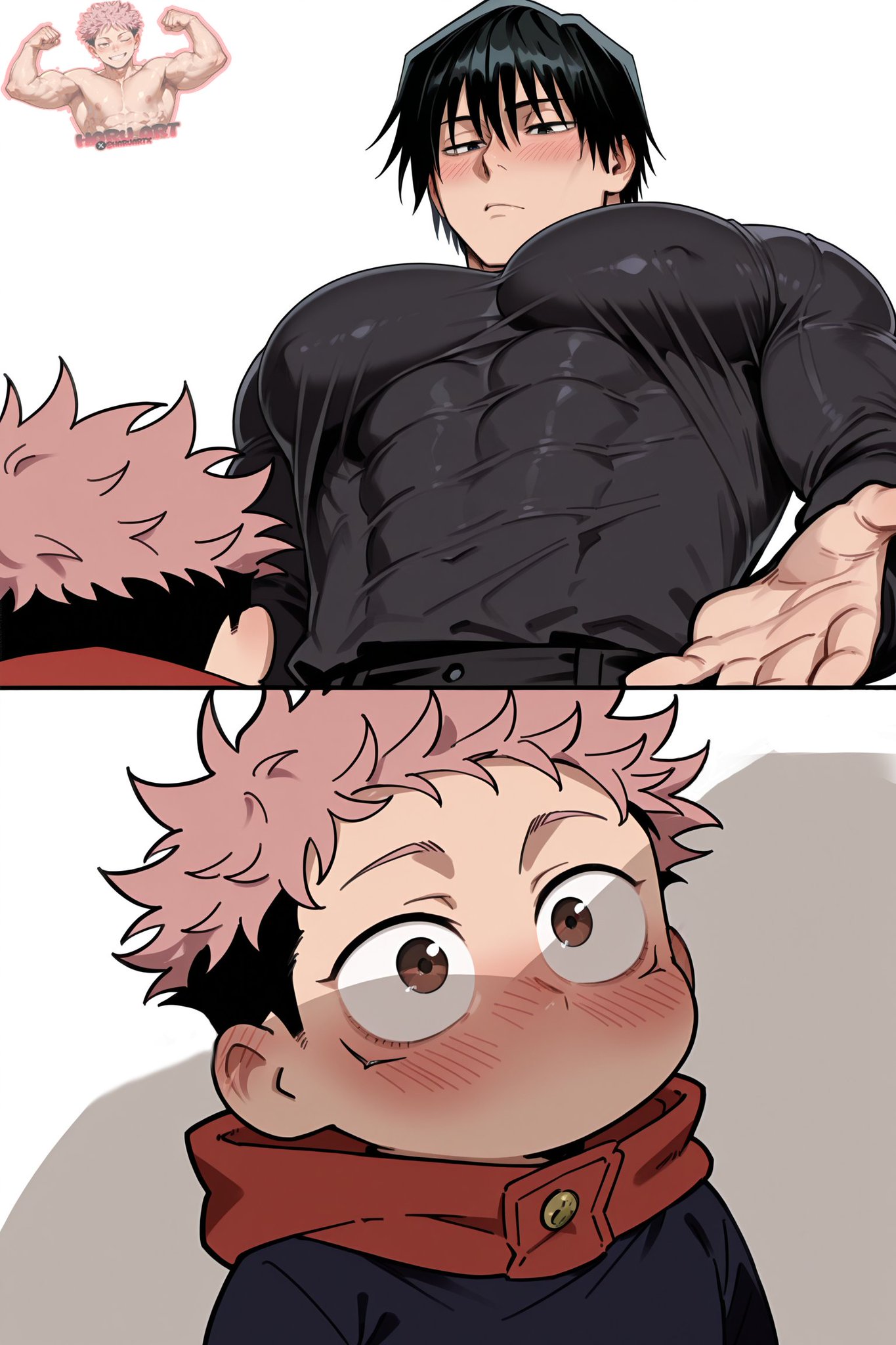 age difference, ai generated, blushed face, clothed, haruartx, itadori yuuji, jujutsu kaisen, male only, male pecs, male tits, muscular male, older female and younger male, pecs, tits, toji fushiguro, yuji itadori