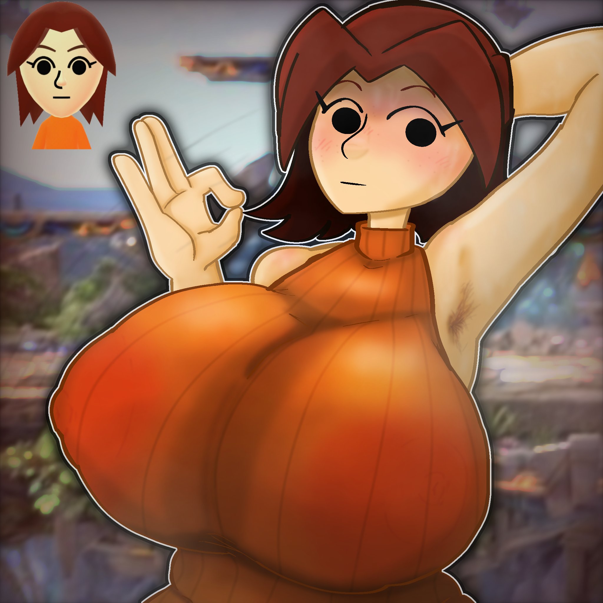 1girls, 2026, arm up, armpit, armpit hair, armpits, barely contained, barely contained breasts, big breasts, breast focus, breasts, breasts bigger than head, breasts focus, brown hair, erect nipples, erect nipples under clothes, female, female armpit hair, female focus, female only, gigantic breasts, hairy armpits, huge breasts, large breasts, light skin, light-skinned female, looking at viewer, massive breasts, mii, mii gunner, mii gunner (smash 4), nintendo, ok sign, shiny breasts, shiny skin, short hair, solo, solo female, solo focus, super smash bros., tight clothing, tight shirt, white skin, white skinned female