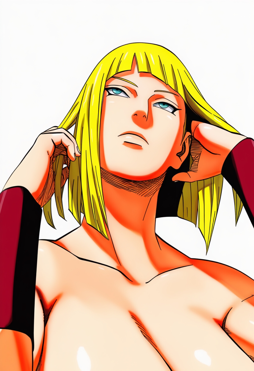 1girls, accurate art style, accurate body type, adjusting hair, ai generated, arms up, bare shoulders, blonde female, blonde hair, blue eyes, blunt bangs, blunt ends, bob cut, breast slip, breasts, breasts bigger than head, busty, cleavage, closed mouth, collarbone, colored nails, expressionless, facing viewer, female focus, female only, full color, halterneck, high resolution, highres, horizon, large breasts, light skin, light-skinned female, line art, looking at away, looking up, manga style, masashi kishimoto style, mature female, nail polish, naruto, naruto (series), naruto shippuden, official style, one breast out, outdoors, personalover23, plain background, red nails, samui, serious, shiny skin, short hair, simple background, soft shading, solo, solo focus, standing, thin eyebrows, upper body, waifu, white background