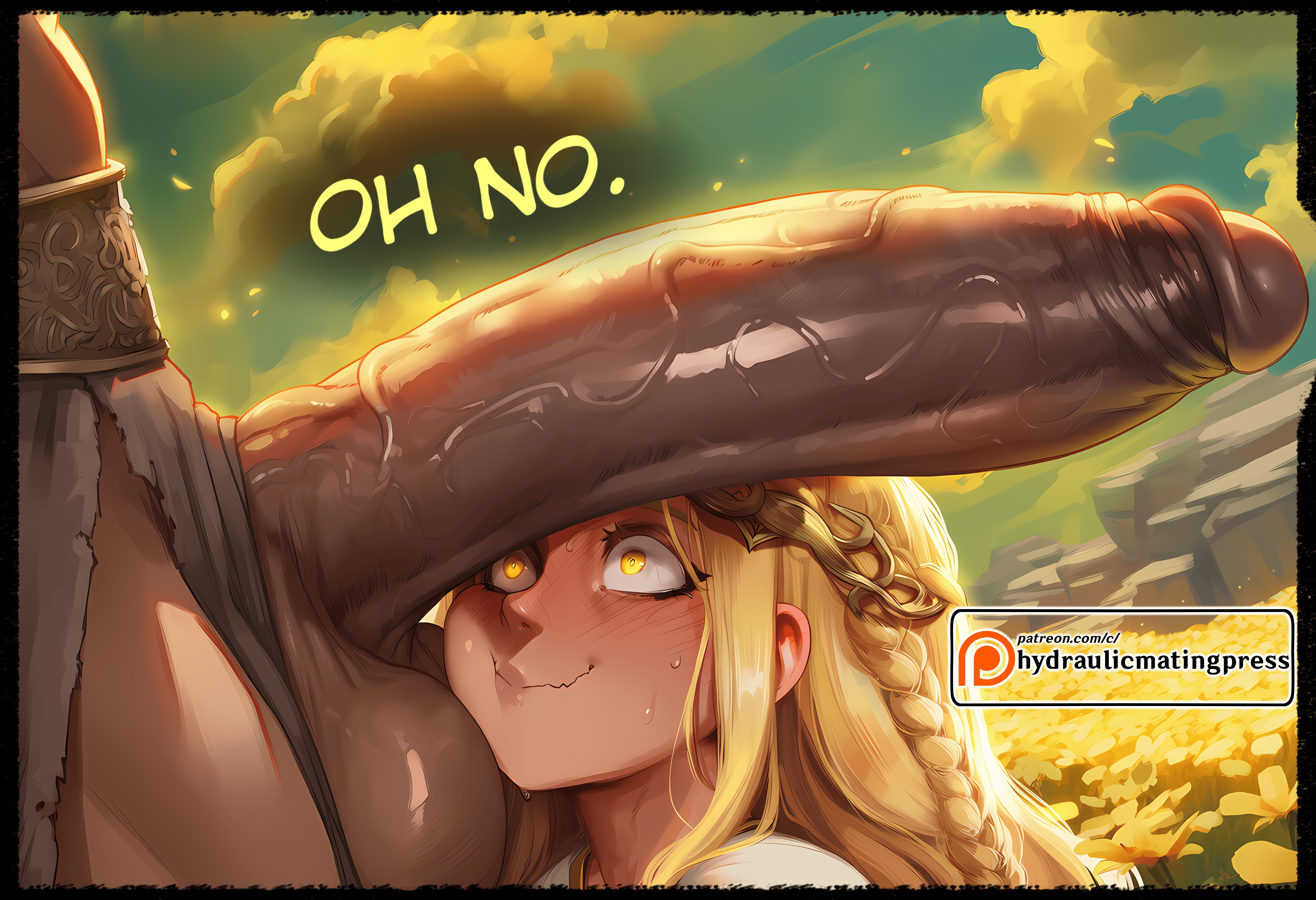 2026, 2boys, 2d, absurd res, absurd resolution, absurdres, ai generated, blonde hair, blush, braid, closed mouth, cloud, comic, dark skin, dark-skinned male, elden ring, english text, erection, fromsoftware, gay, heart, heart-shaped pupils, hetero, hi res, high quality, high resolution, highres, huge penis, hydraulicmatingpress, image, large penis, long hair, looking at penis, miquella, miquella (elden ring), miquella of the haligtree, miquella the kind, otoko no ko, outdoors, patreon, patreon logo, patreon username, penis, penis awe, penis on face, sky, smile, solo focus, sweat, symbol-shaped pupils, tarnished, testicles, uncensored, uncensured, veins, veiny penis, watermark, web address, yaoi, yellow eyes