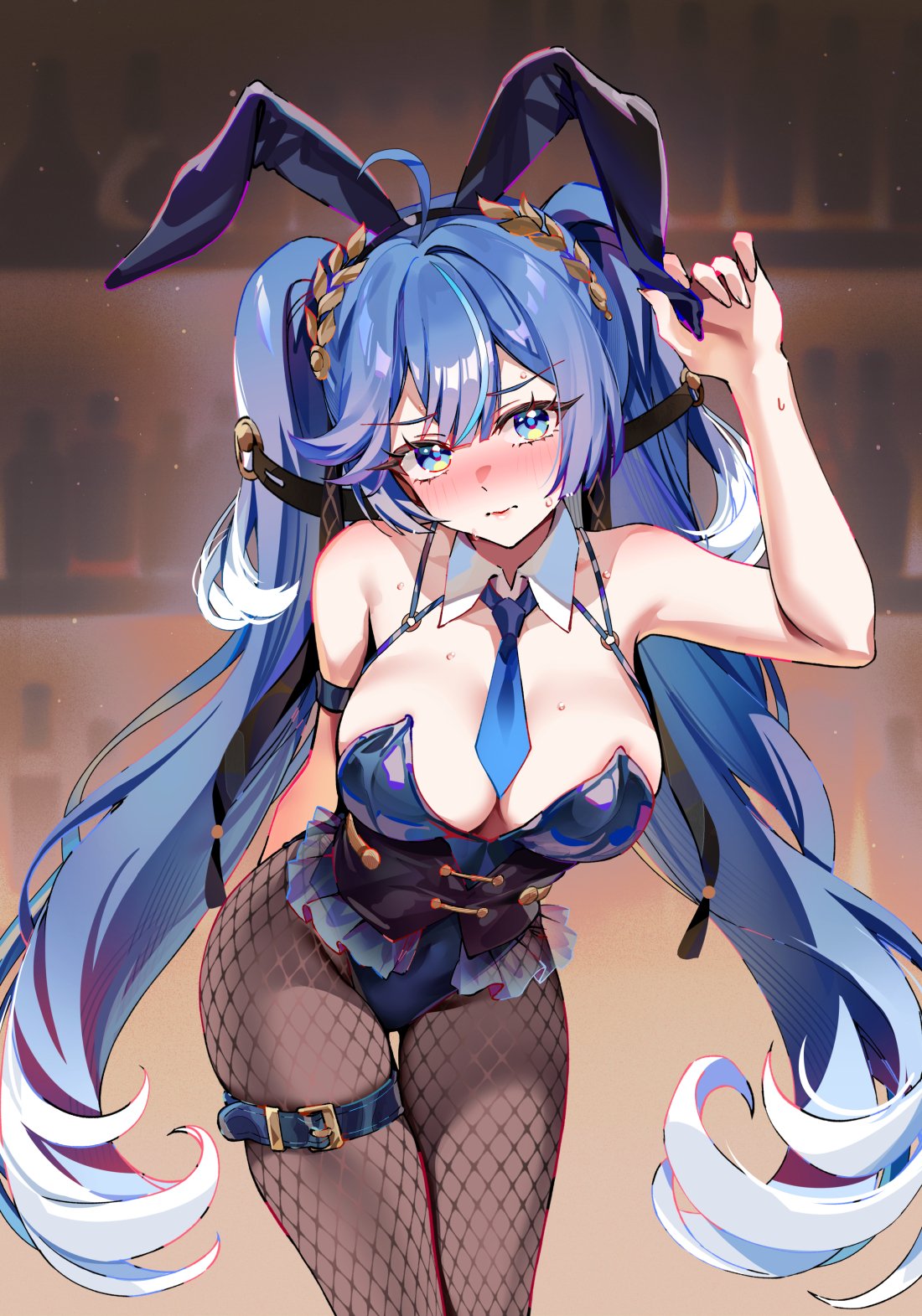 1girls, big breasts, blue bunny ears, blue bunnysuit, blue eyes, blue hair, blush, blushing, breasts, breasts out, bunny ears, bunnysuit, exposed breasts, female, fishnet legwear, fishnets, foxyreine, iuno (wuthering waves), large breasts, long hair, twintails, wuthering waves